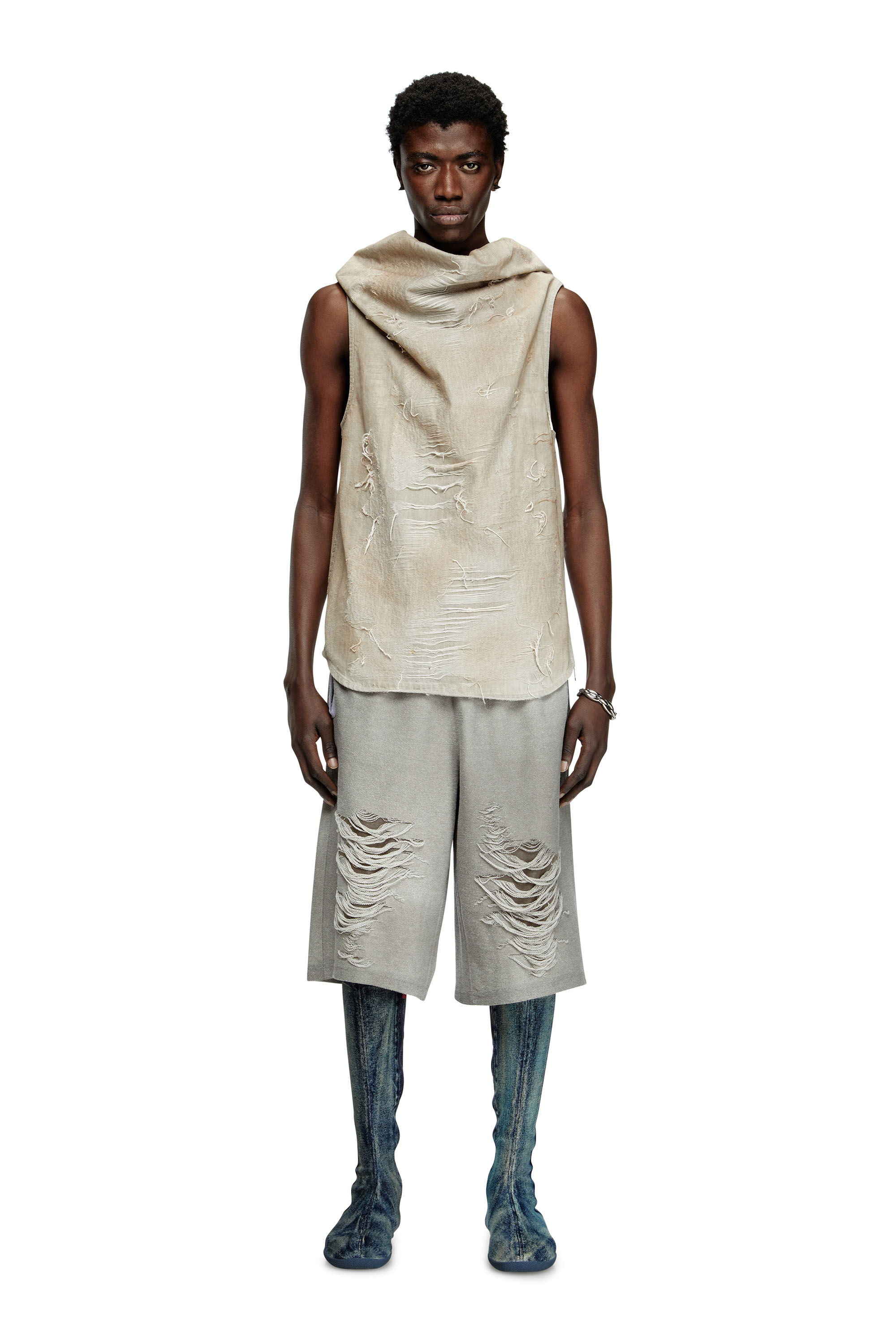 Diesel - D-TASTON-FSG, T-shirt moulant en denim jacquard avec micro-effet vieilli Homme in Gris - 1