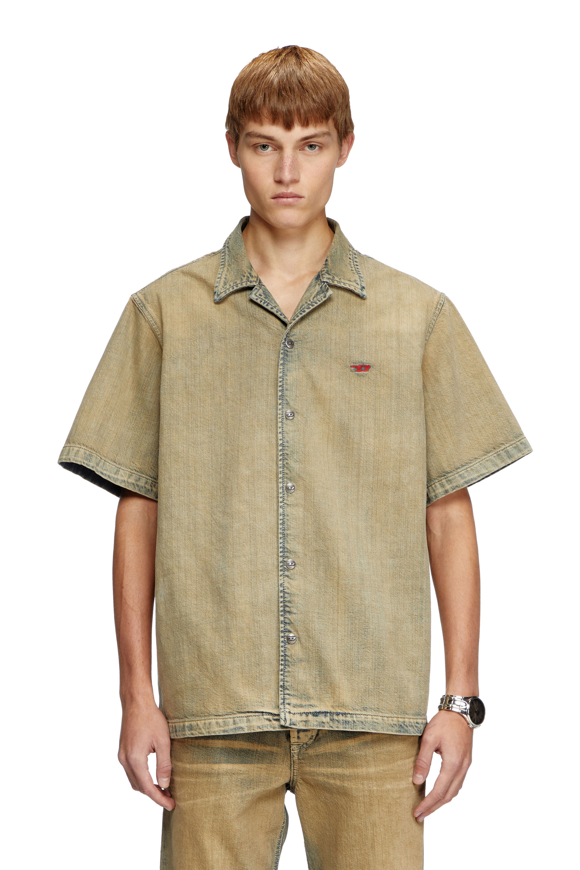 Diesel - D-NABIL-D, Male's Bowling shirt in gold-brush denim in Beige - 3
