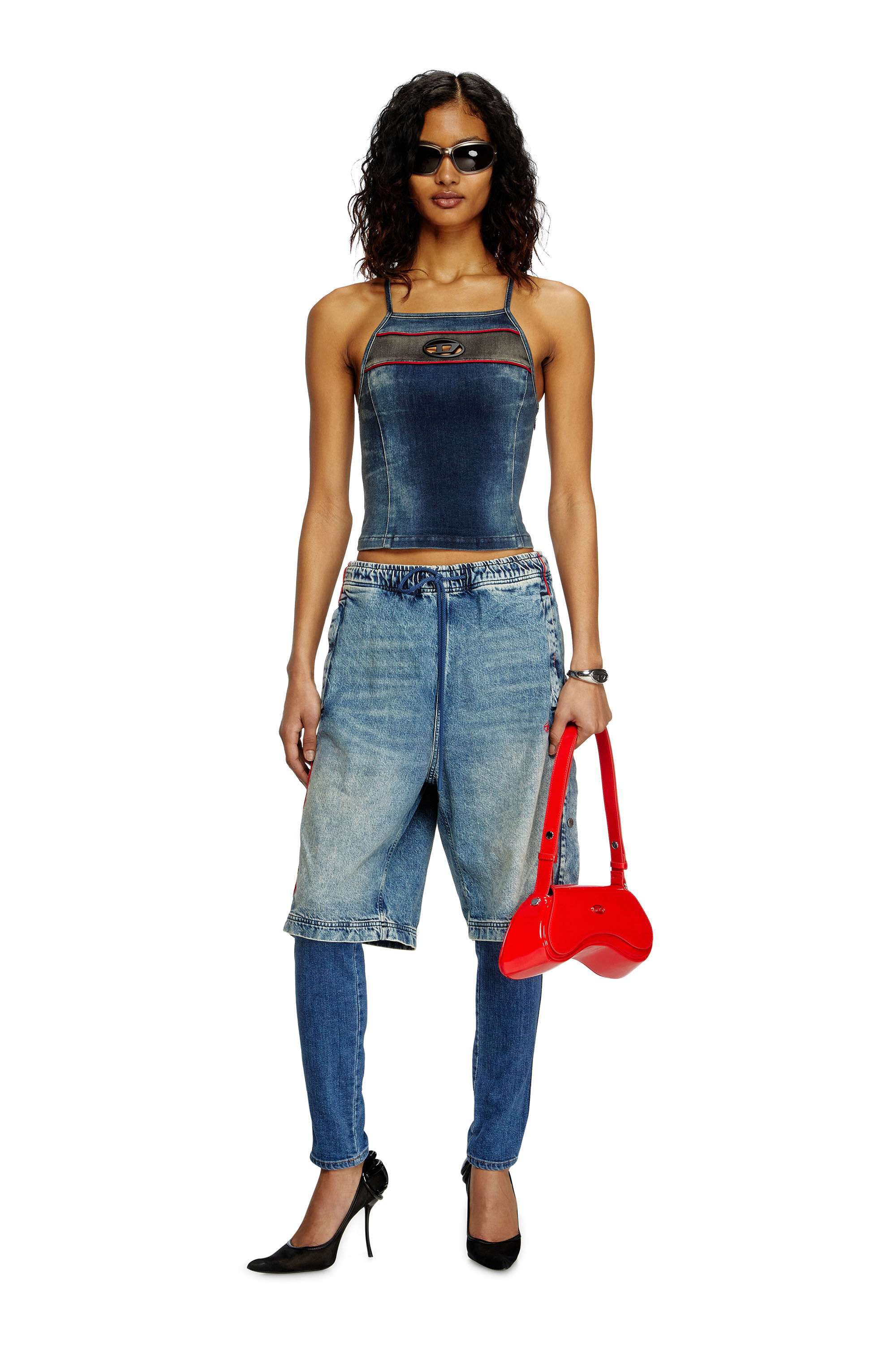 Diesel - DE-PILU-S, Female's Top in stretch bicolour denim in Dark Blue - 1