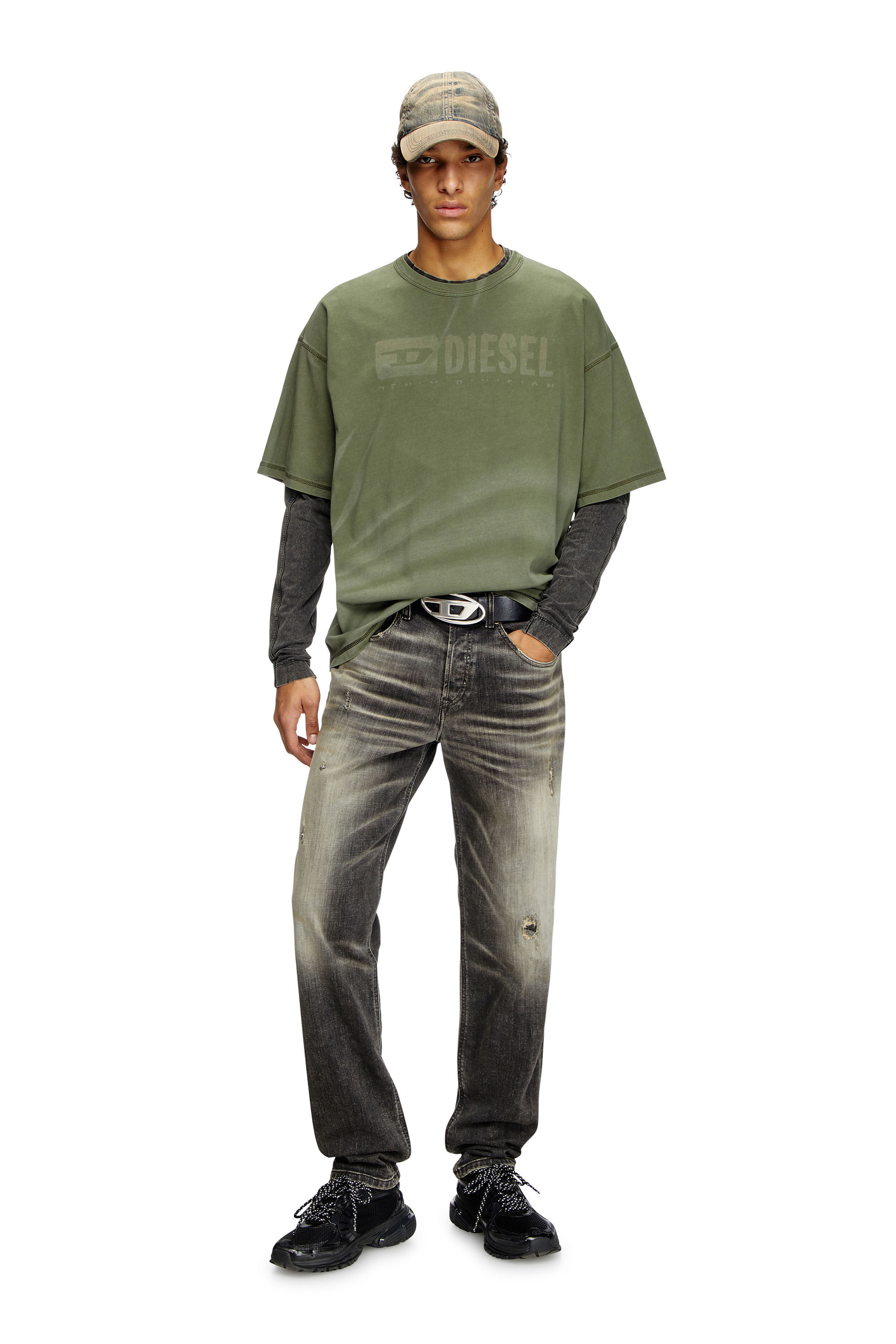 Diesel - T-ADJUST-R13, Male's Laser-faded logo T-shirt in Olive Green - 1