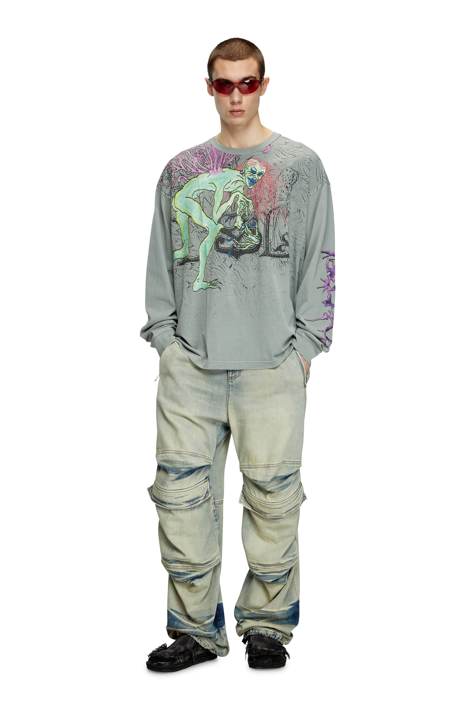 Diesel - T-BOXT-LS-R12, Male's Long-sleeve T-shirt with tattoo graphics in Grey - 1