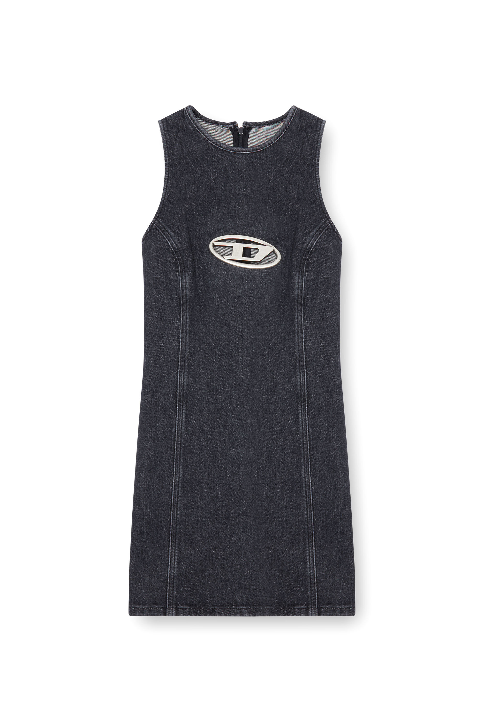 Diesel - DE-FERRIZ-FSD, Mini-robe utility en denim avec plaque Oval D Femme in Noir - 2