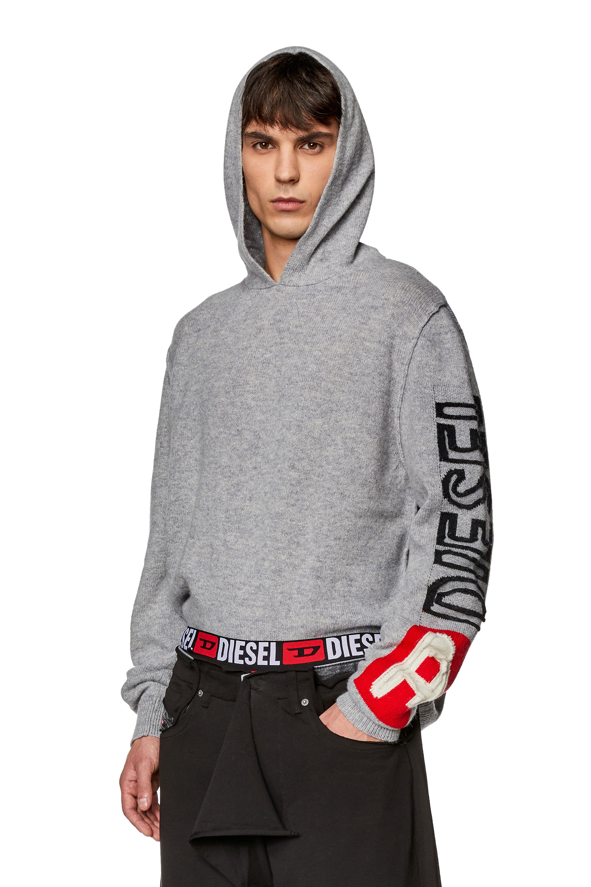 Men s Wool hoodie with cut up logo Grey Diesel