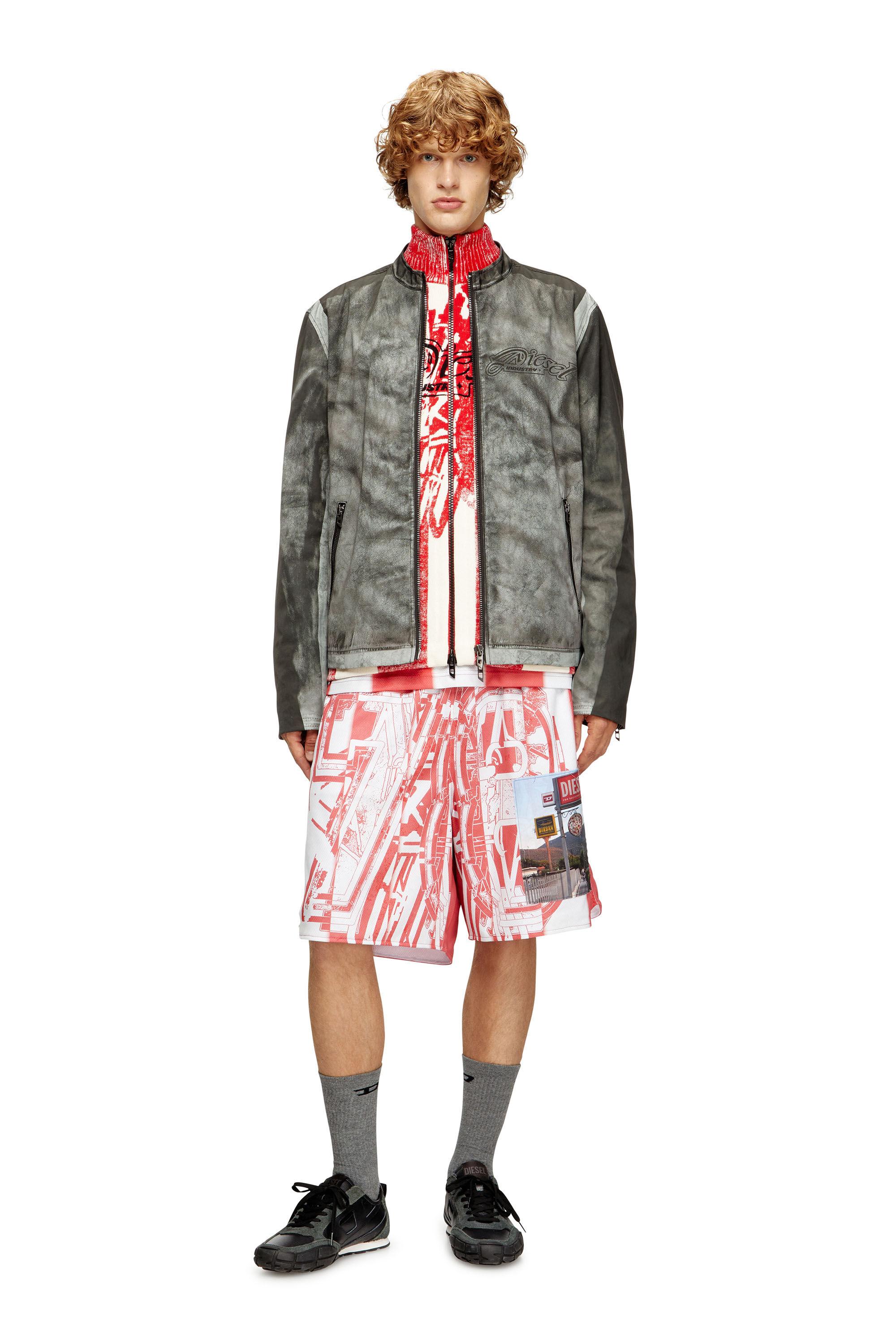 Diesel - P-KURT, Male's Striped shorts with photo patches in Red/White - 1