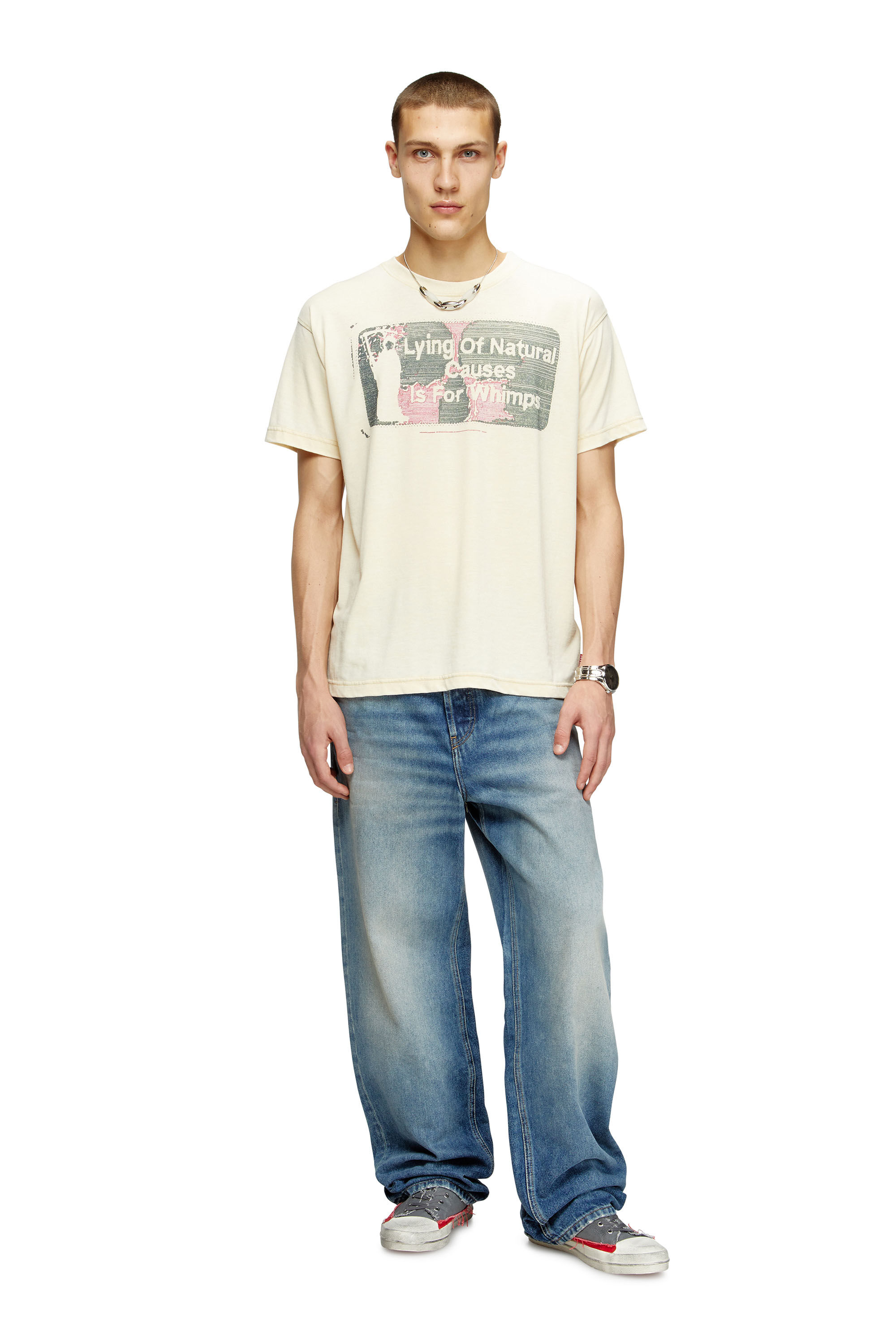 Diesel - T-NORM-T2, Male's Slogan T-shirt with burnout wash in Beige - 1