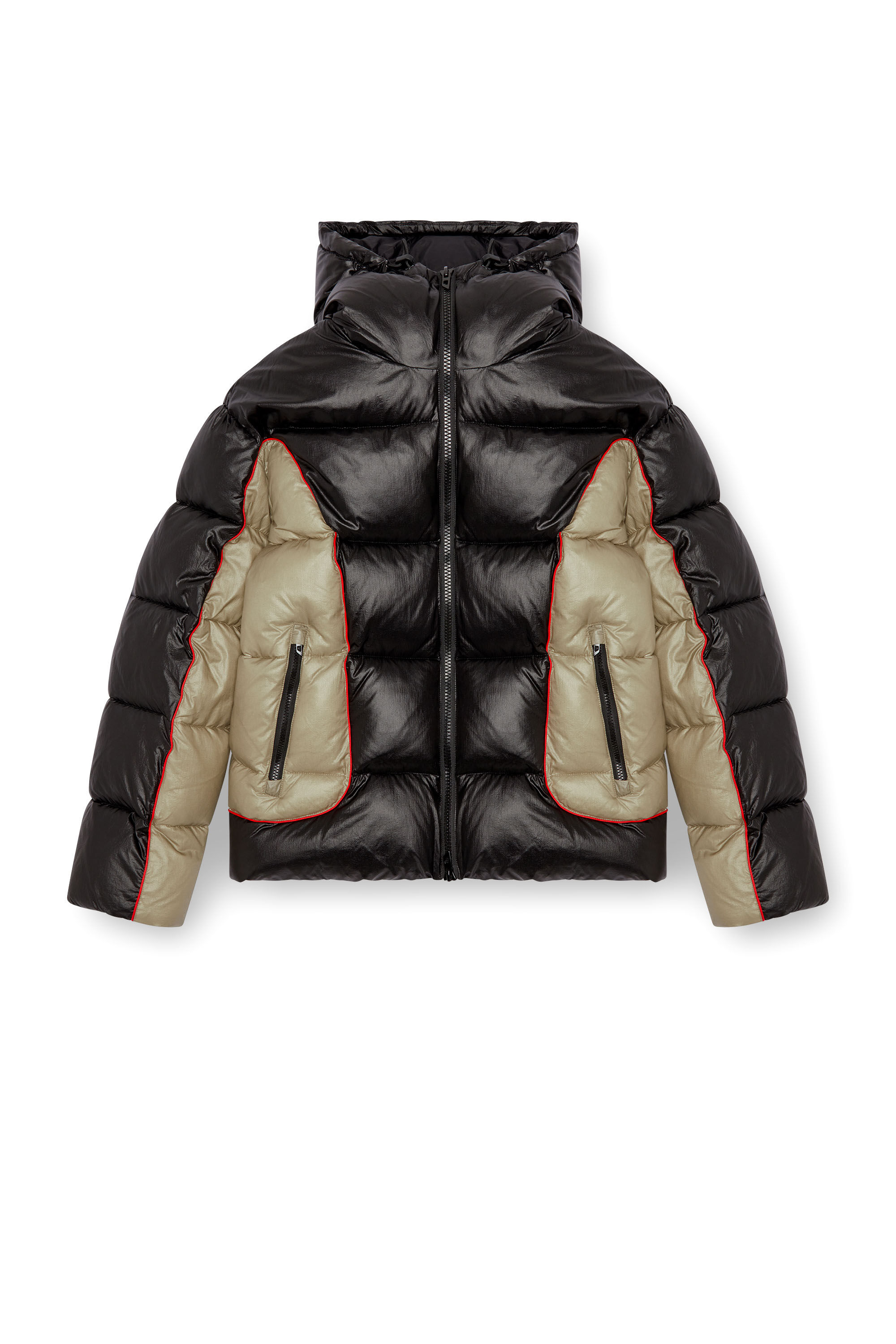 Diesel - W-OSTEND, Male's Hooded puffer jacket in shiny ripstop in Black/Beige - 2