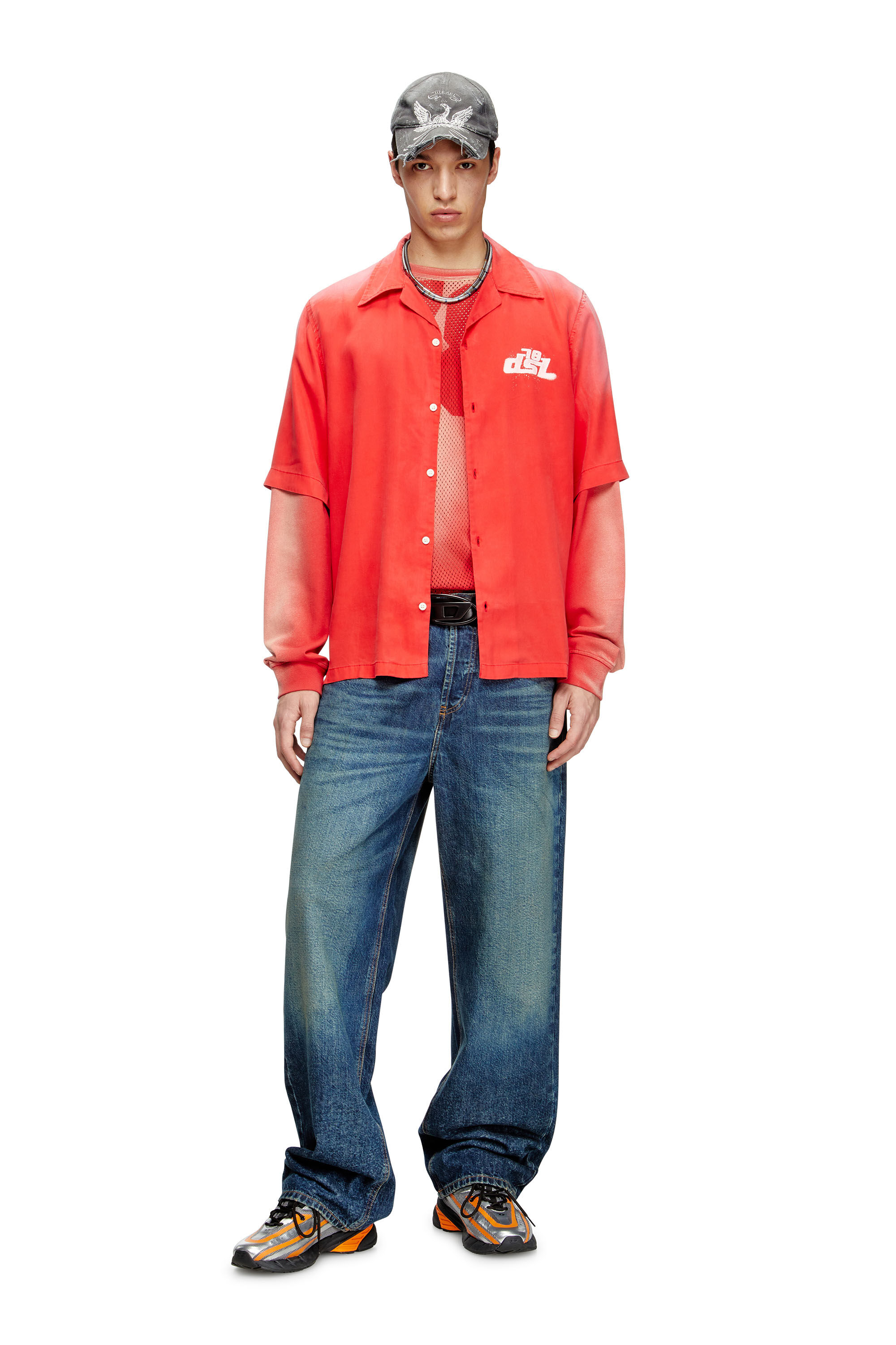 Diesel - S-ELLY, Chemise bowling délavée avec imprimés à logo Homme in Rouge - 1