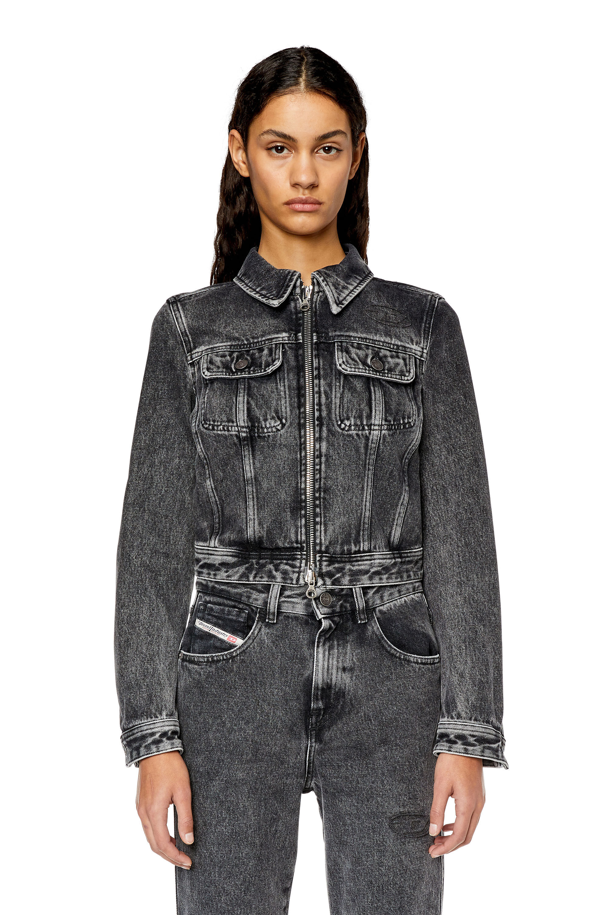 Women's Slim-fit logo-embossed trucker jacket | Black | Diesel