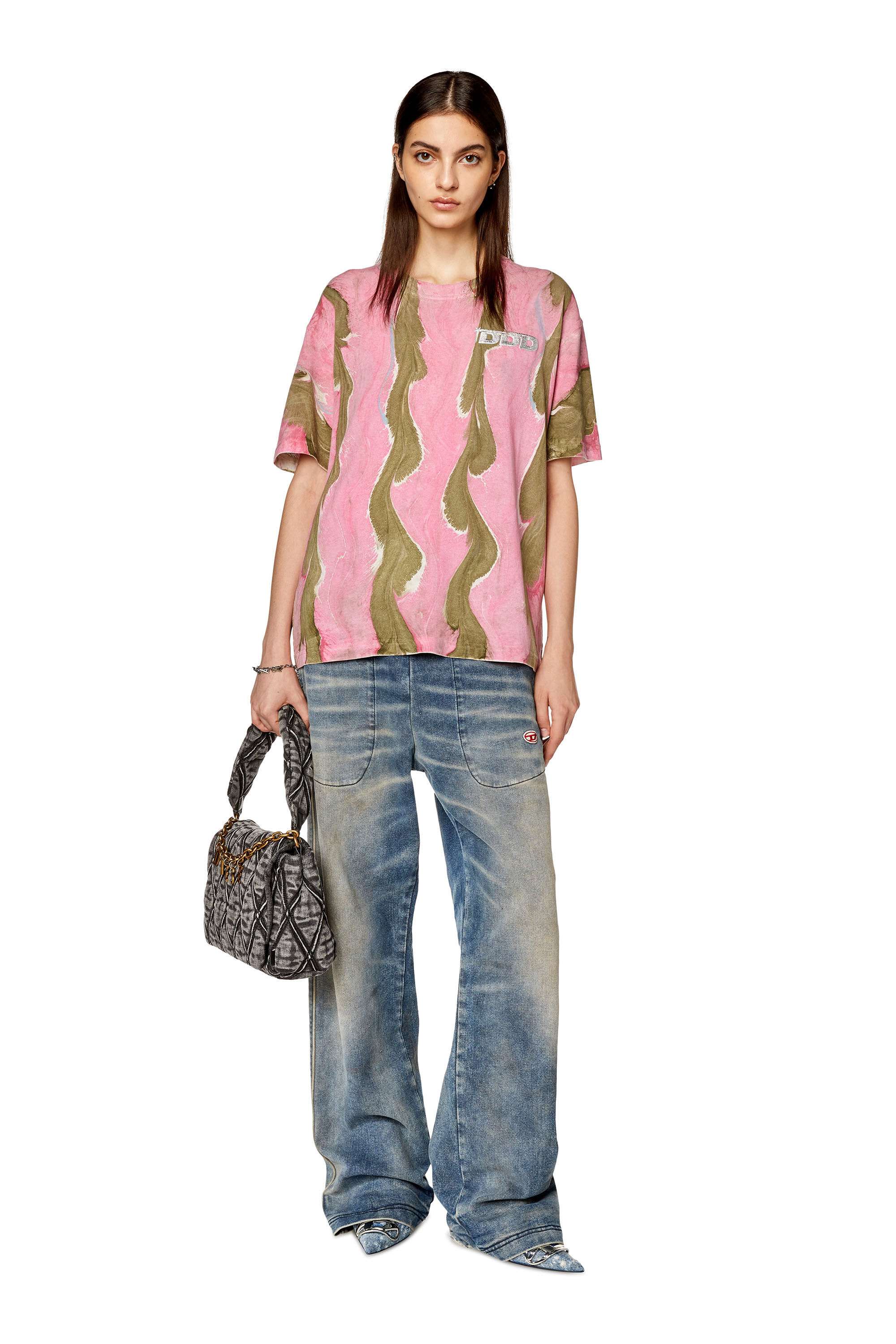 Diesel - T-DANNY-L3, Female's T-shirt with swirly print in Green/Pink - 1