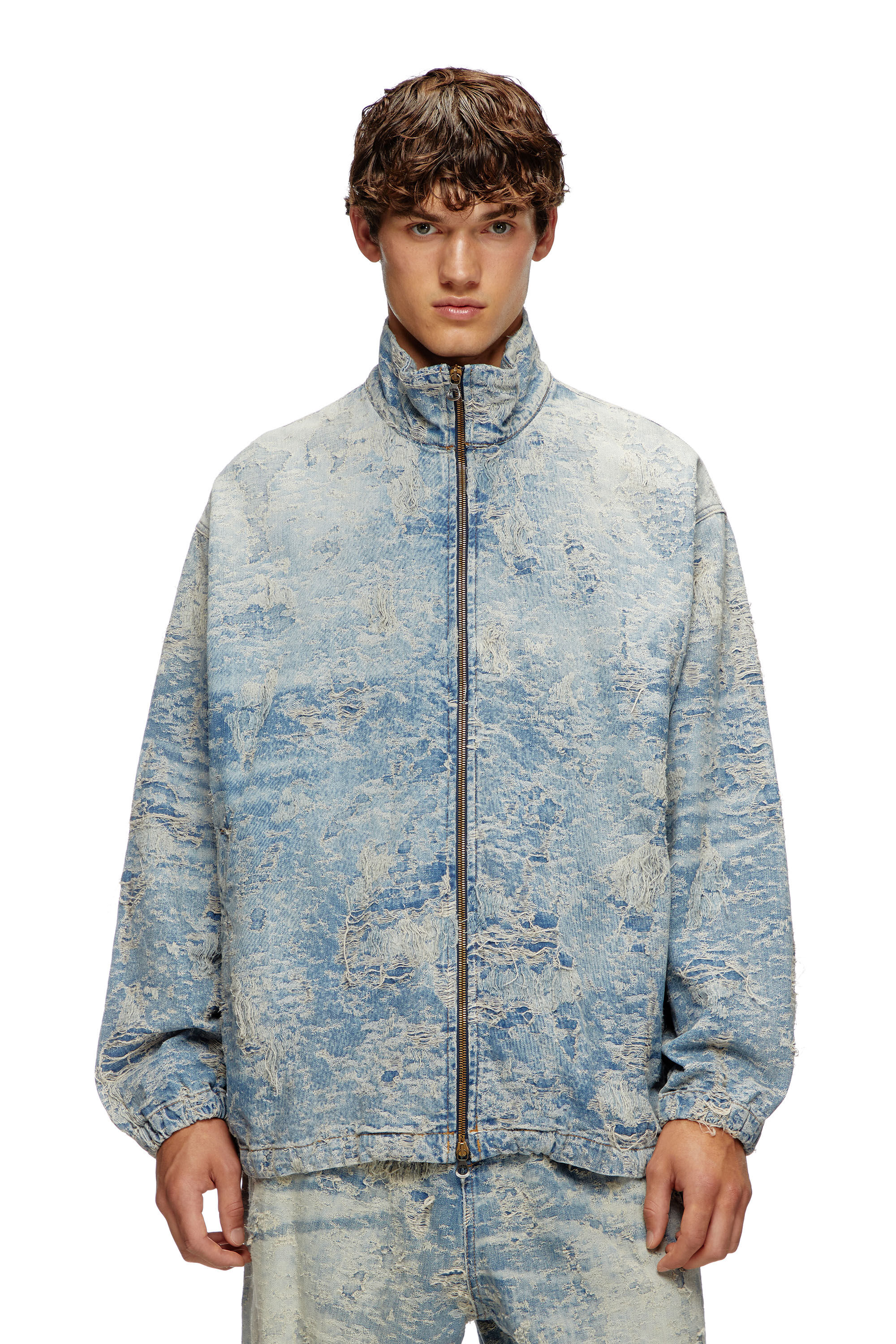 Diesel - D-KRAP-FSF, Veste zippée en denim jacquard effet sali Mixte in Bleu - 3