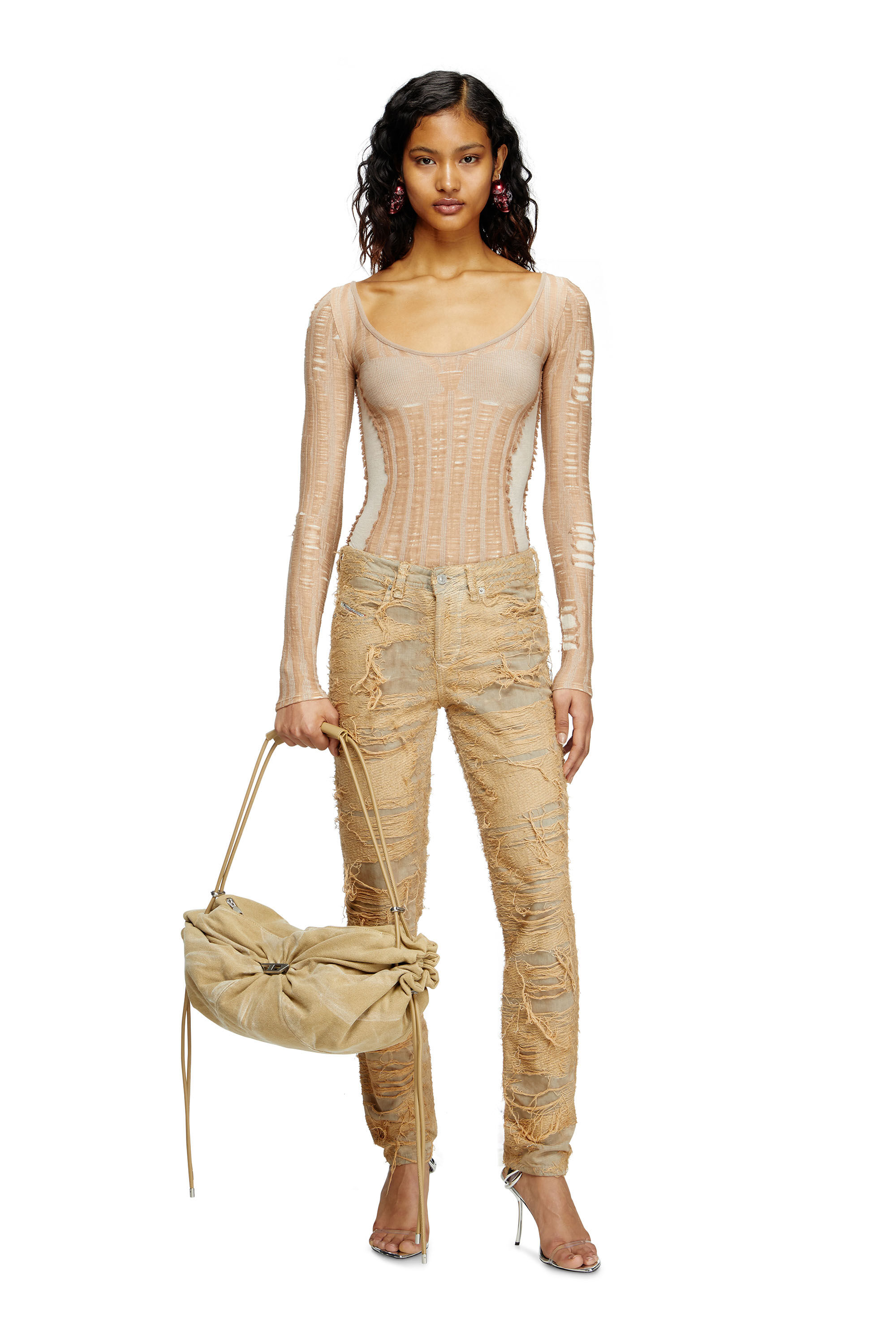 Diesel - M-CALAI, Top sans coutures avec illusion de lingerie Femme in Beige - 1