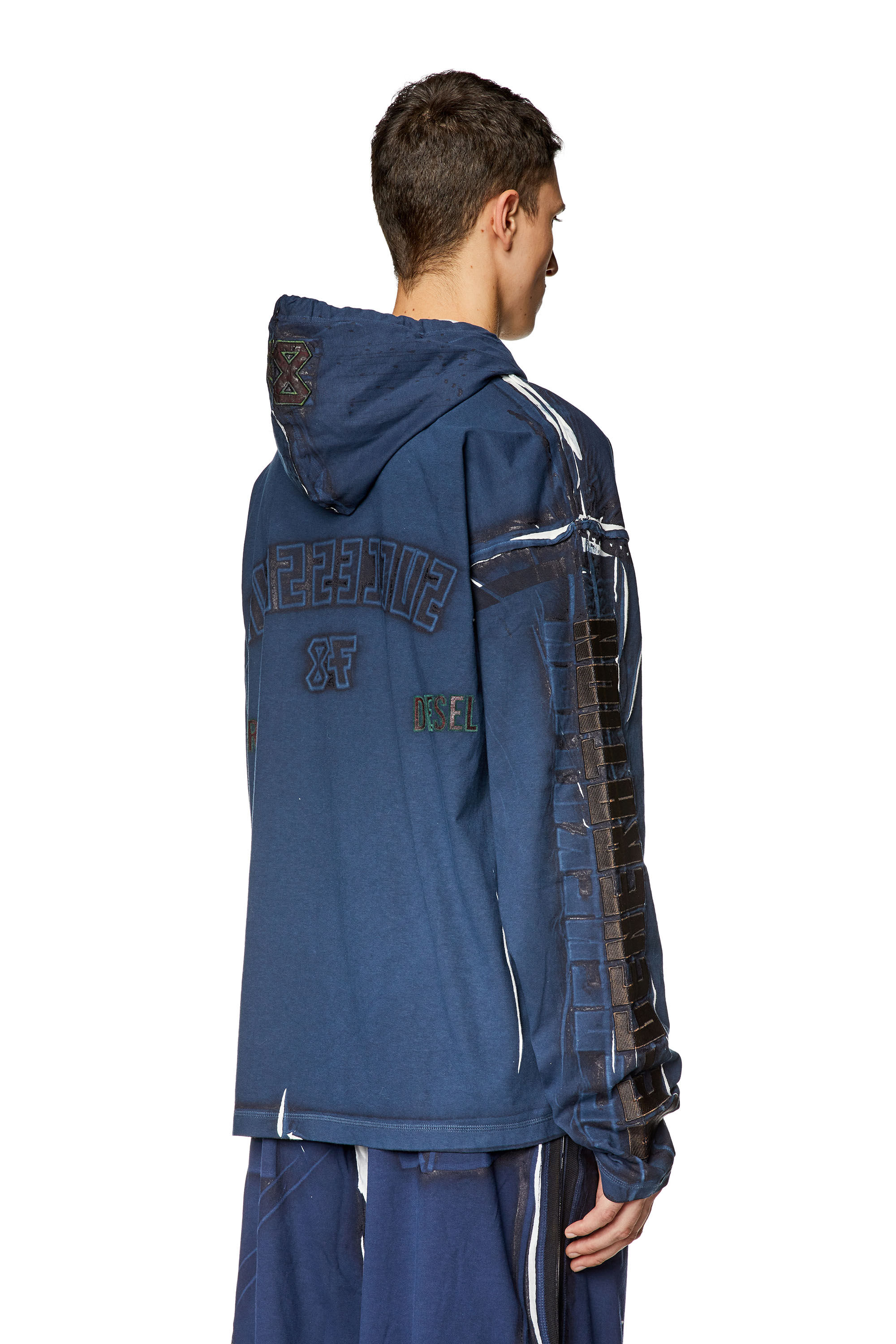 Diesel - T-NABEL-HOOD-LS, Top à capuche imprimé avec logo Homme in Bleu - 4