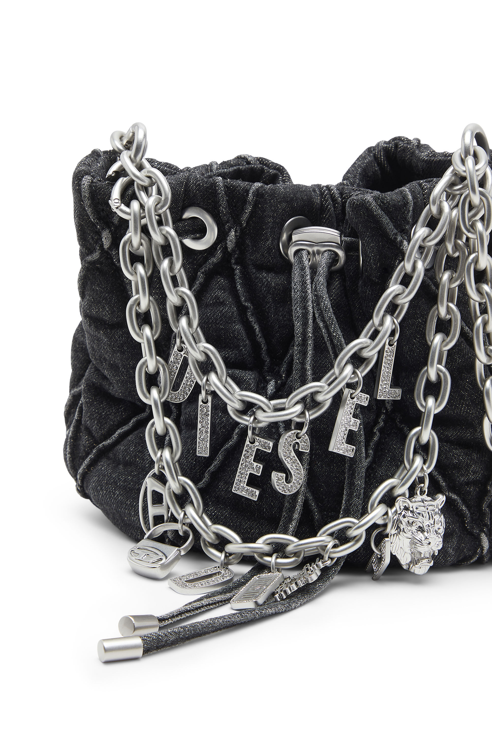 Diesel - HOSHI CHARM-D BUCKET S, Female's Quilted-denim bucket bag with chain charms in Black - 5