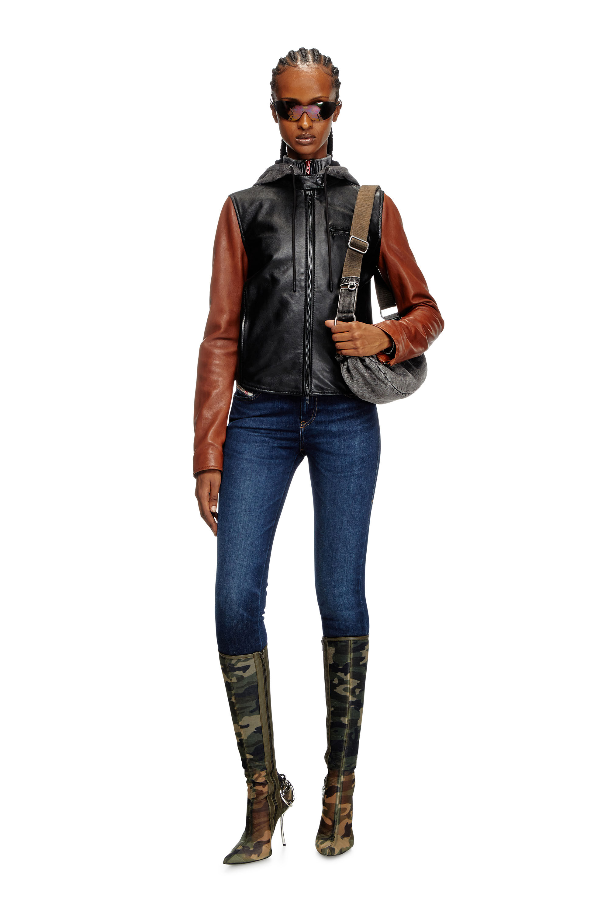 Diesel - L-OUDER, Female's Colour-block leather jacket in Black/Brown - 1