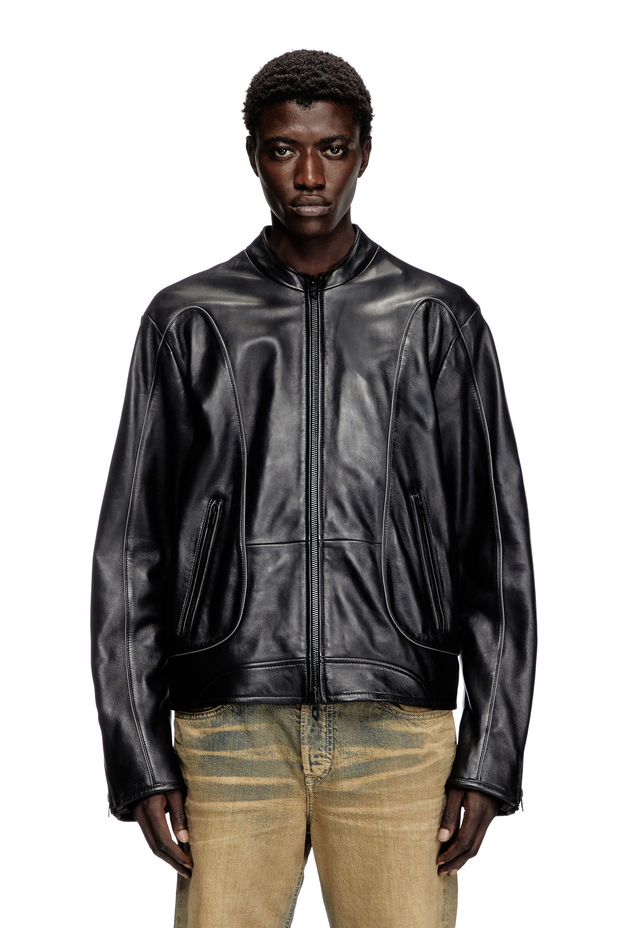 Diesel - L-KRIXY, Male's Leather biker jacket with piping detail in Black - 3