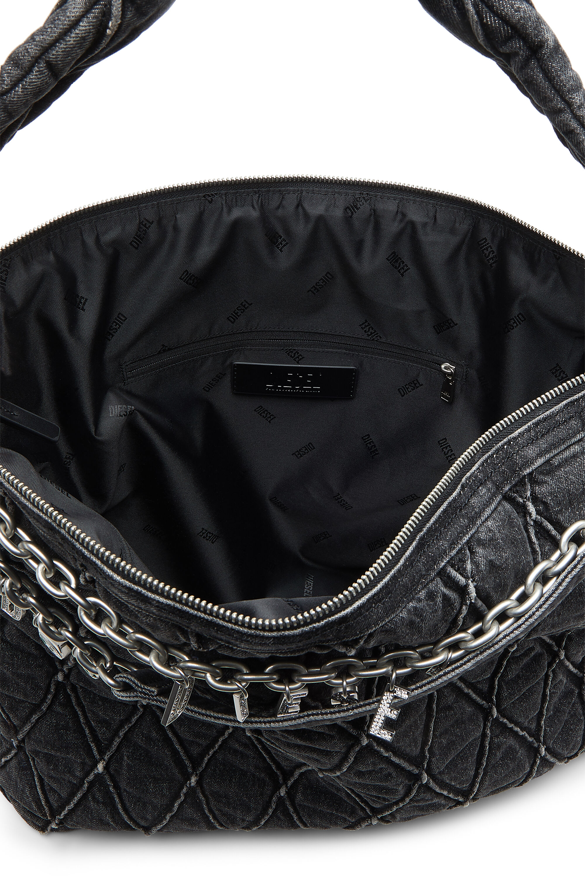 Diesel - HOSHI CHARM-D HOBO, Female's Quilted-denim hobo bag with chain charms in Black - 2