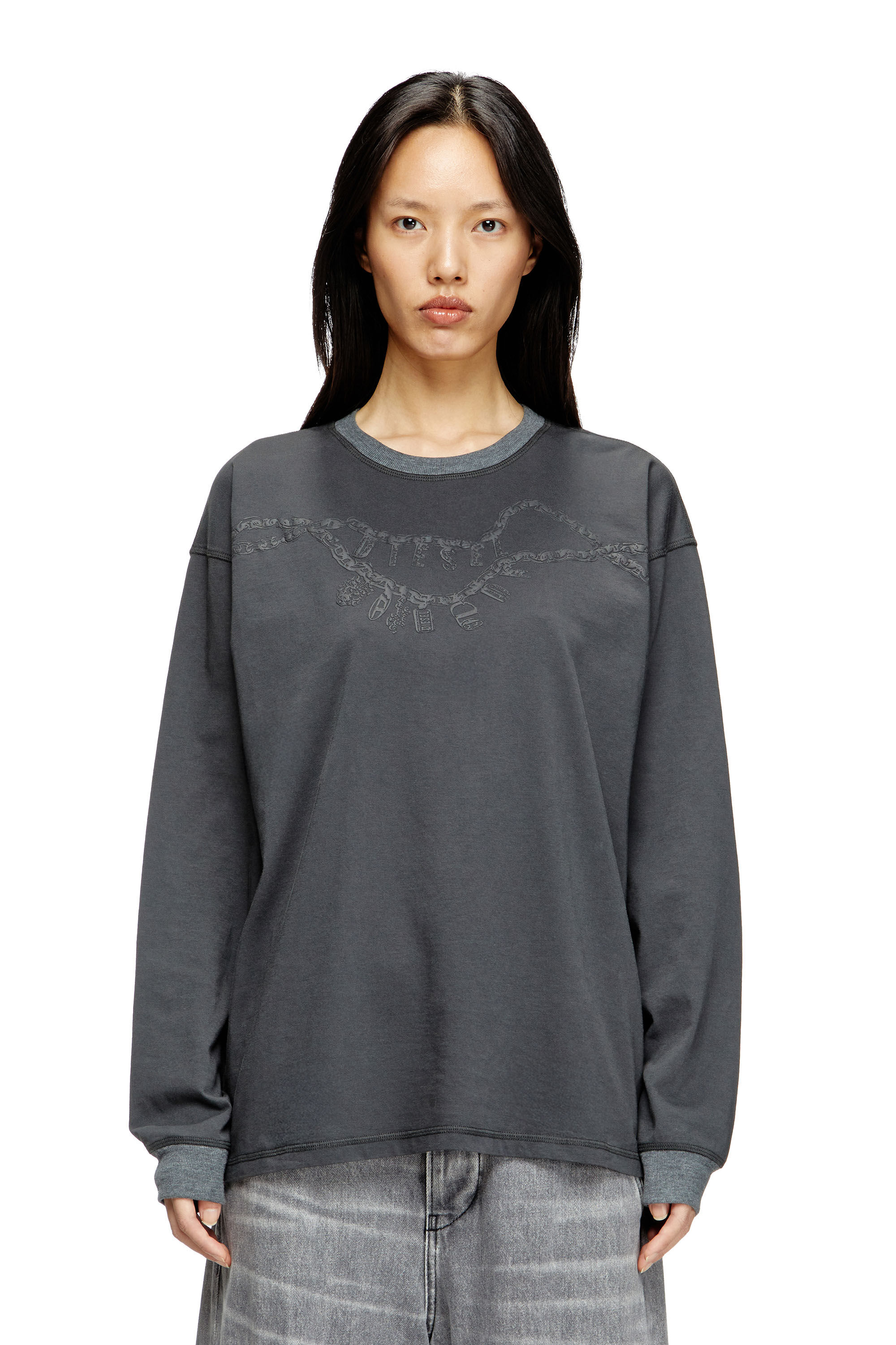Diesel - T-BOXT-LS-HOSHI, Unisex's Long-sleeve T-shirt with charm necklace print in Dark Grey - 5