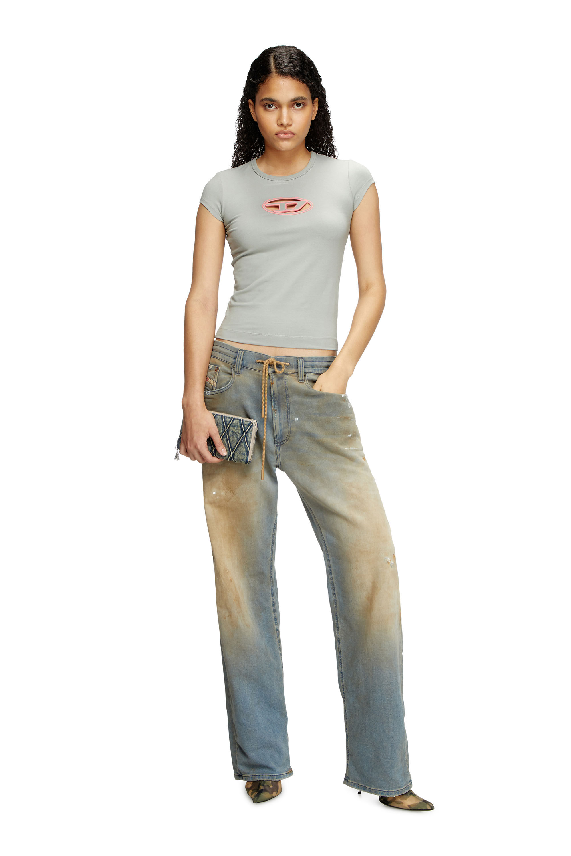 Diesel - T-ANGIE, T-shirt avec logo peek-a-boo Femme in Gris - 1