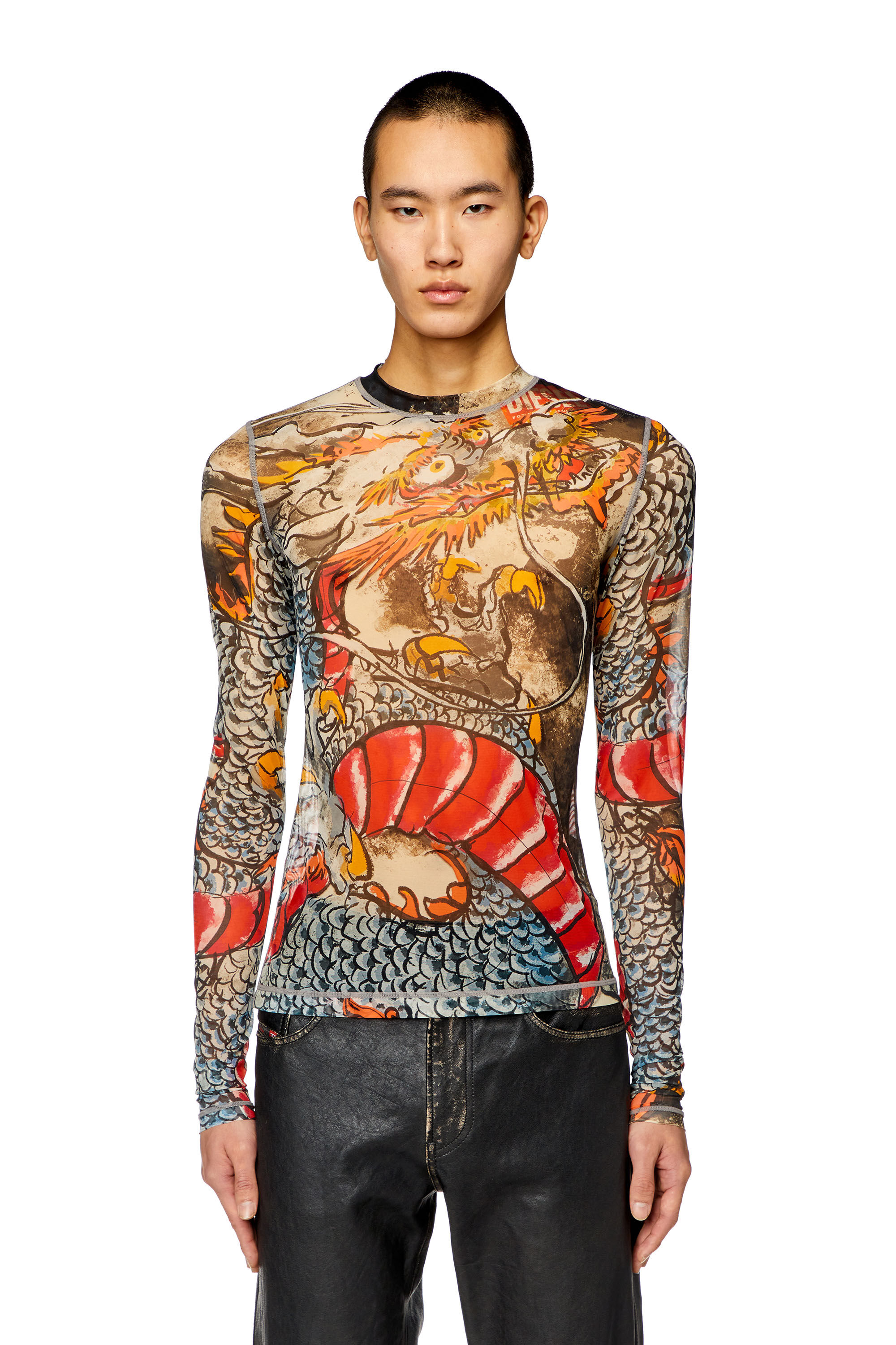 Diesel - CL-T-SIELAR-DRAGON, Unisex's Mesh top with Dragon print in Beige/Red - 6