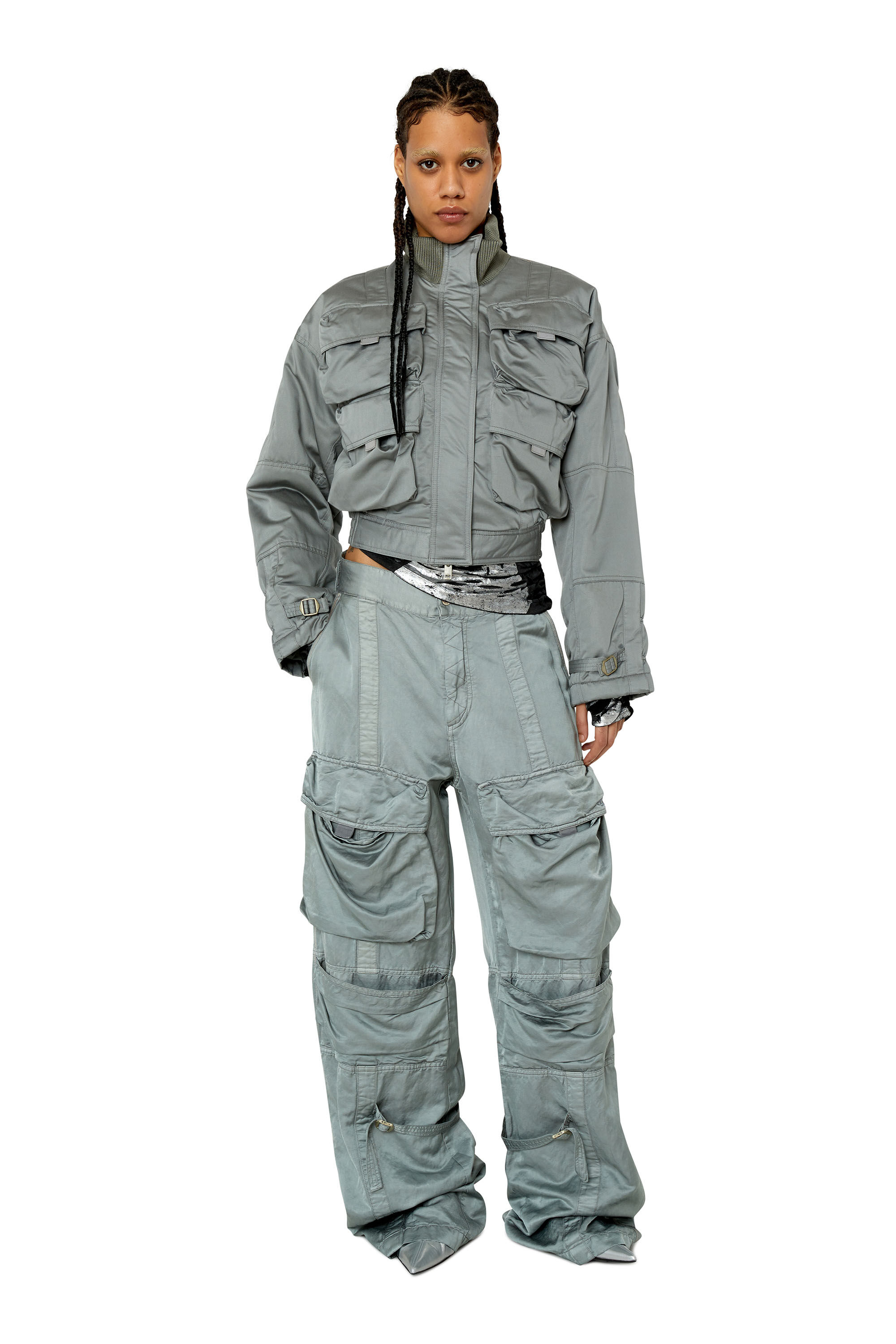 Diesel - P-MOON, Female's Satin pants with multiple pockets in Grey - 1