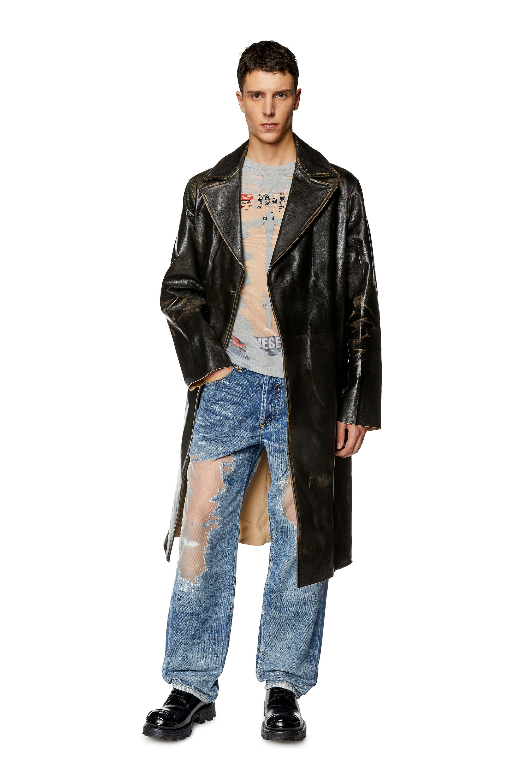 Diesel - L-KAUFFMAN, Male's Distressed leather trench coat in Brown - 3