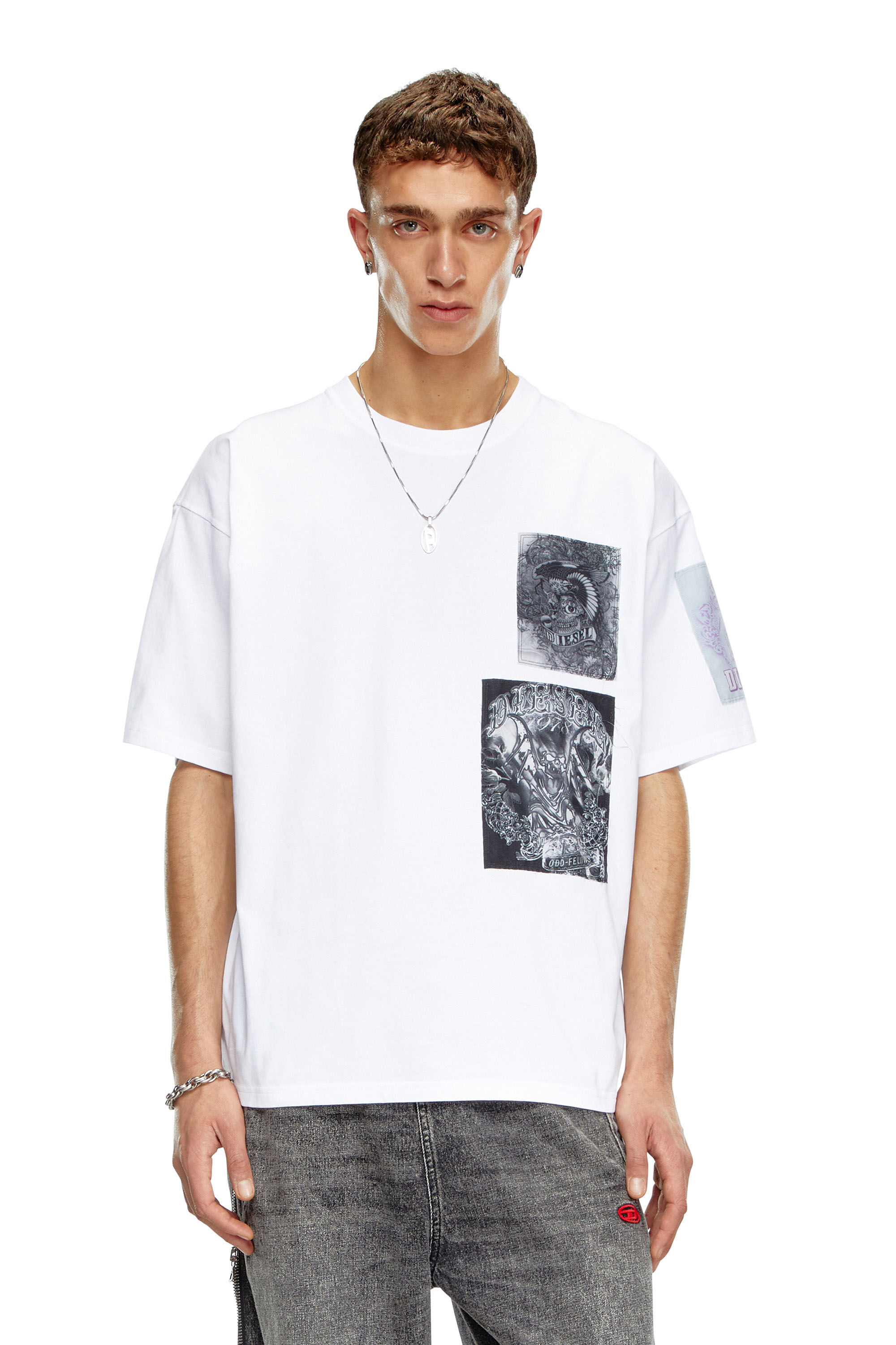 Diesel - T-BOXT-SLITS-Q10, T-shirt avec empiècements imprimés coupés brut Homme in Blanc - 3