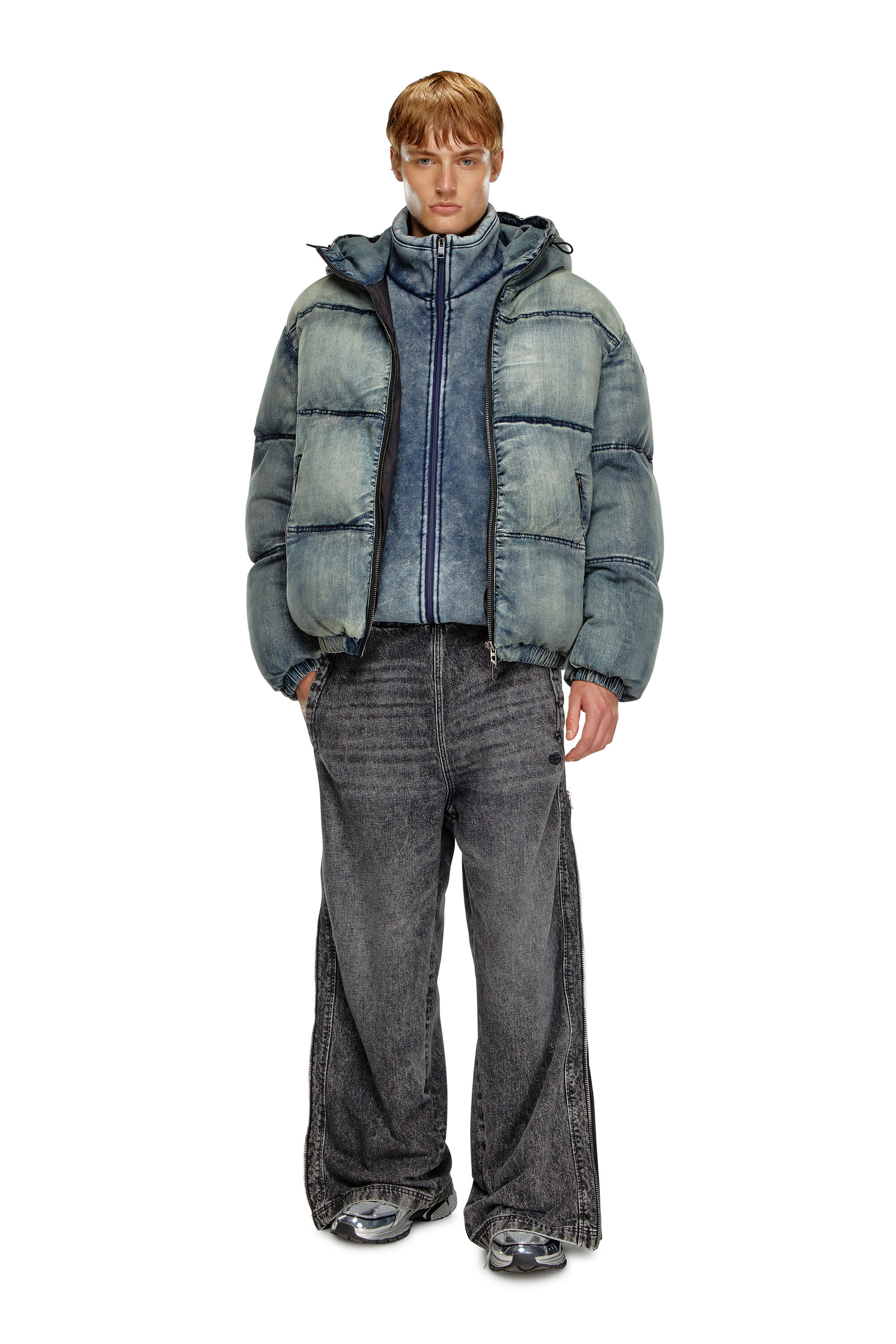 Diesel - W-MONS, Male's Puffer jacket in treated denim in Blue - 1