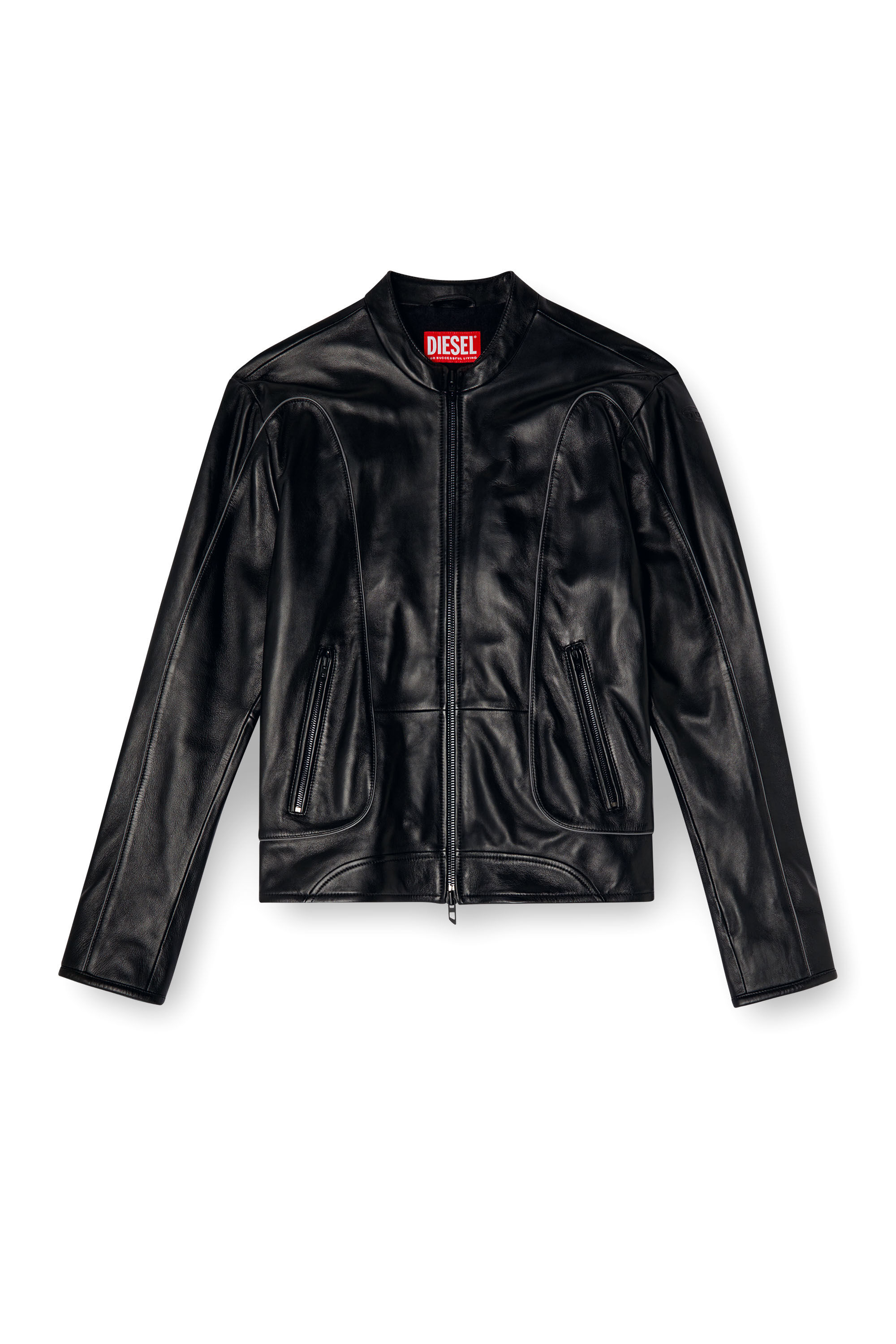 Diesel - L-KRIXY, Male's Leather biker jacket with piping detail in Black - 2