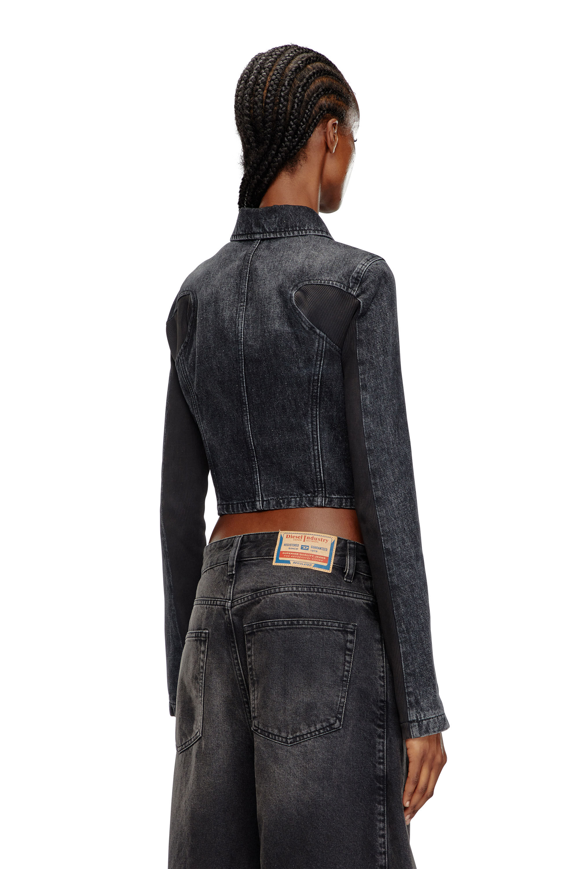 Women s Short denim jacket with ribbed inserts Black Diesel