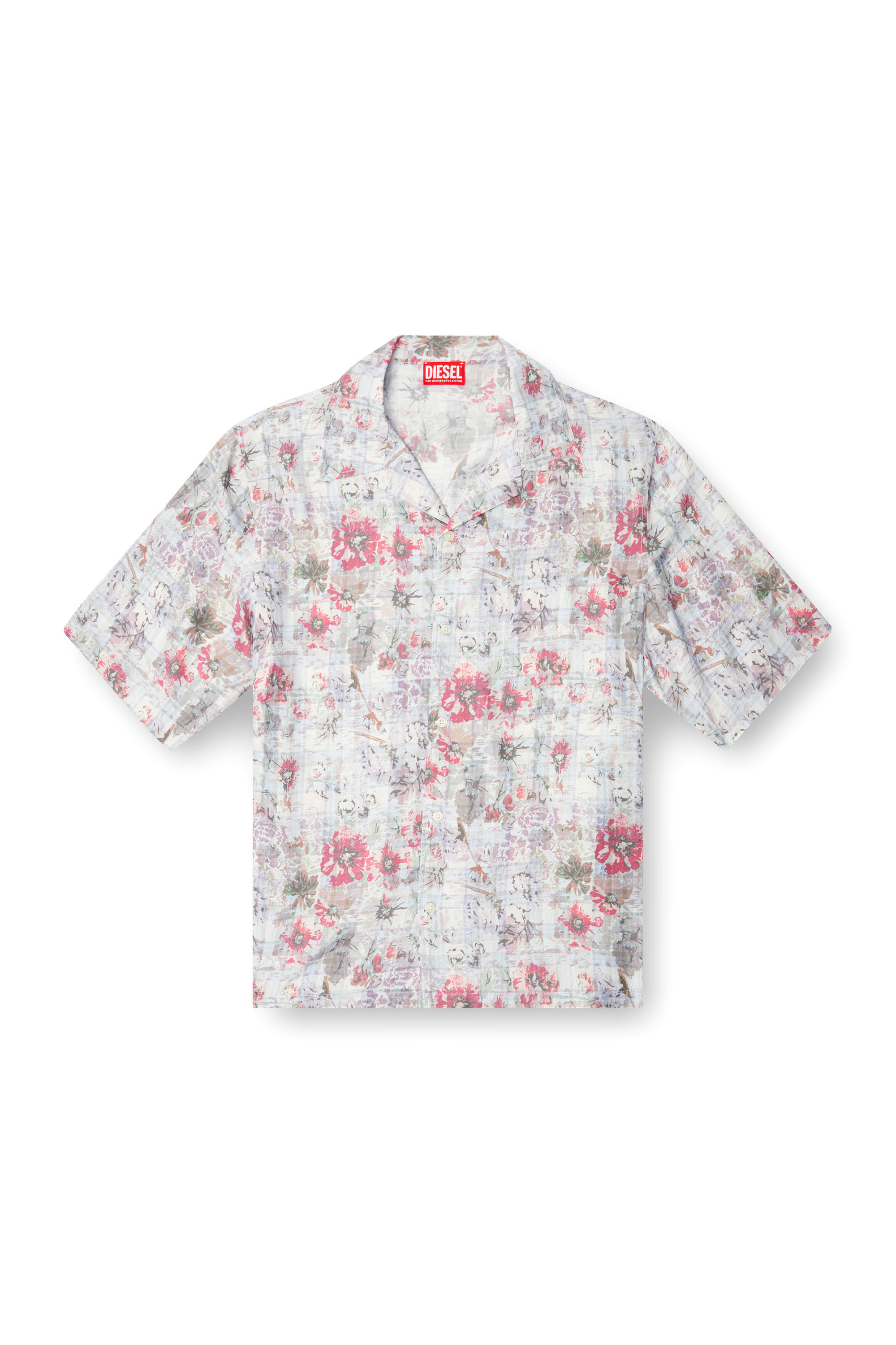 Diesel - S-LEYS, Male's Bowling shirt with floral print in Blue/Pink - 2