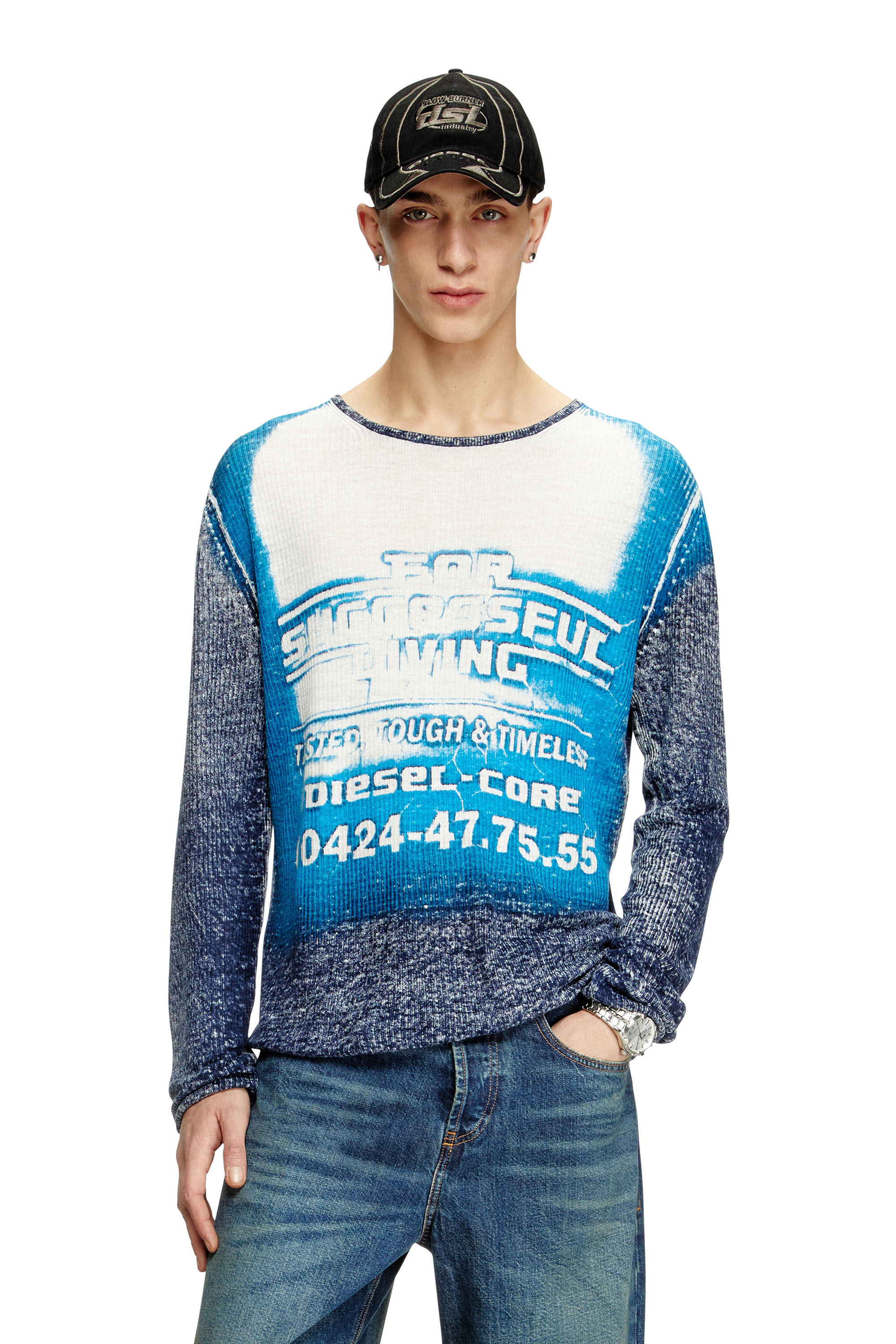 Diesel - K-ROD, Male's Linen jumper with logo graphic in Blue - 3
