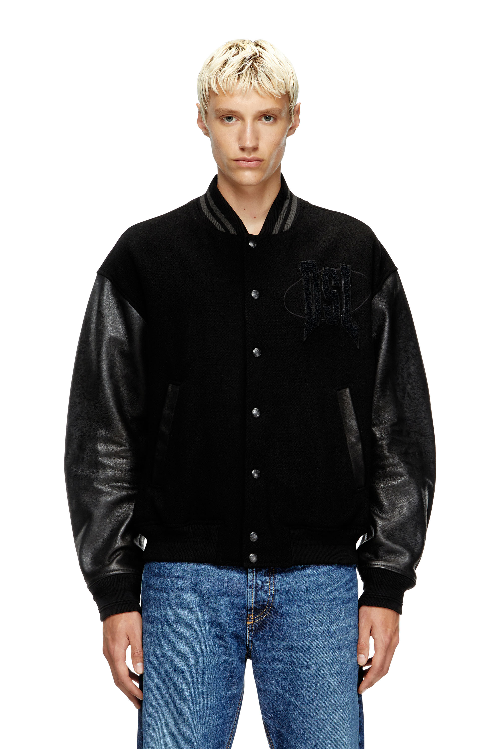 Diesel - L-NYMAN, Male's Varsity bomber jacket in cotton and leather in Black - 3