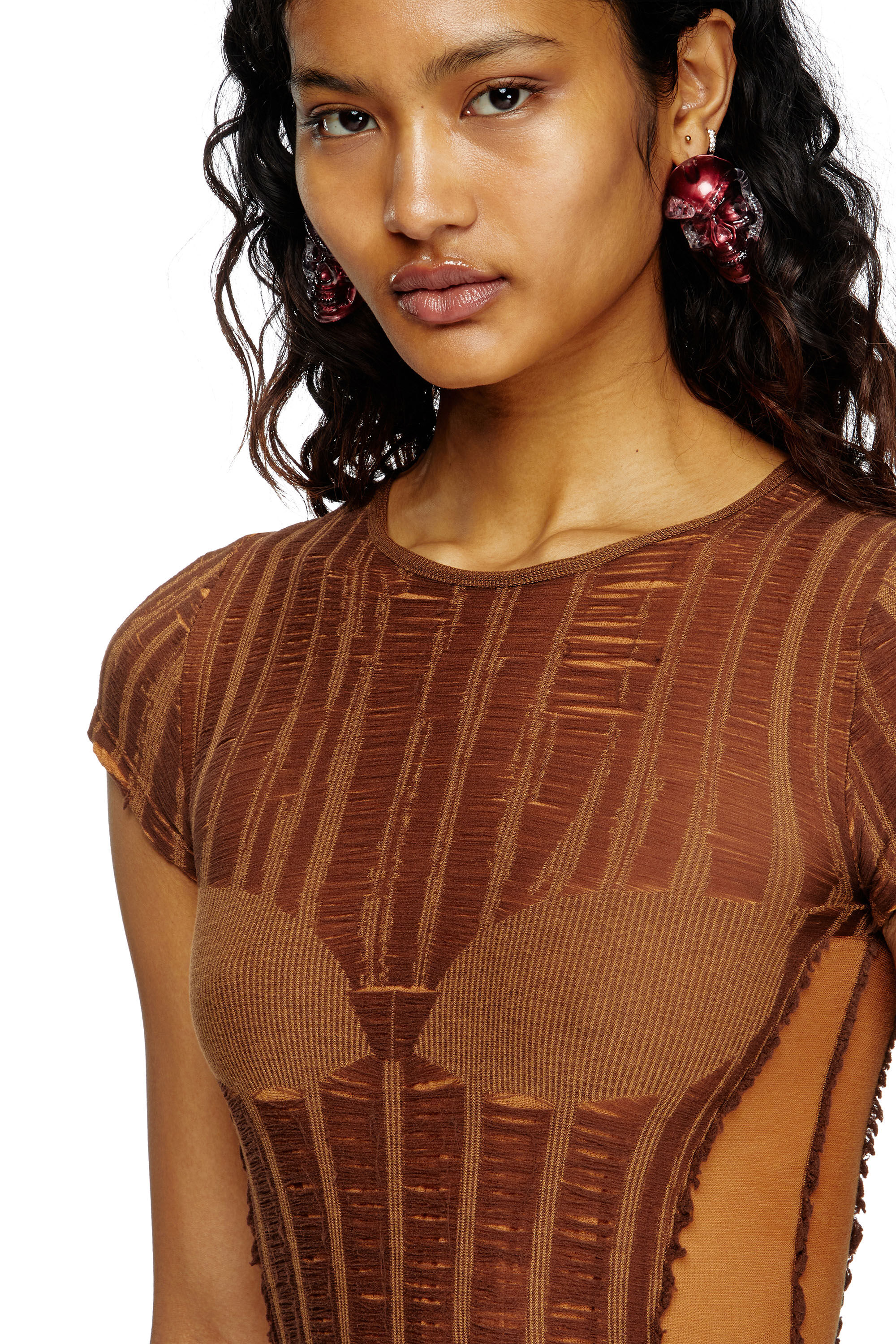 Diesel - M-CALAI-SS, Female's Seamless T-shirt with lingerie illusion in Brown - 5