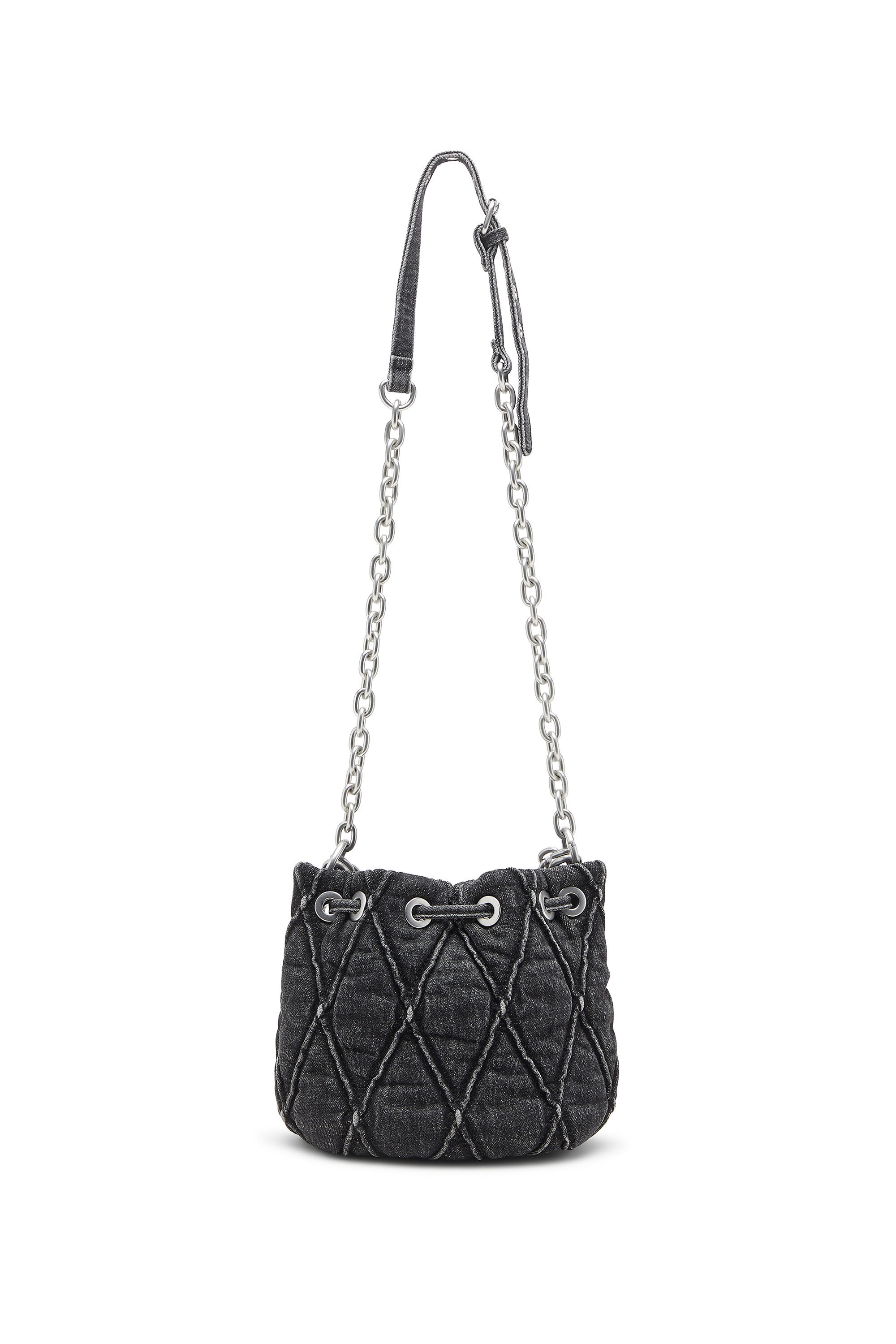Diesel - HOSHI CHARM-D BUCKET S, Female's Quilted-denim bucket bag with chain charms in Black - 3