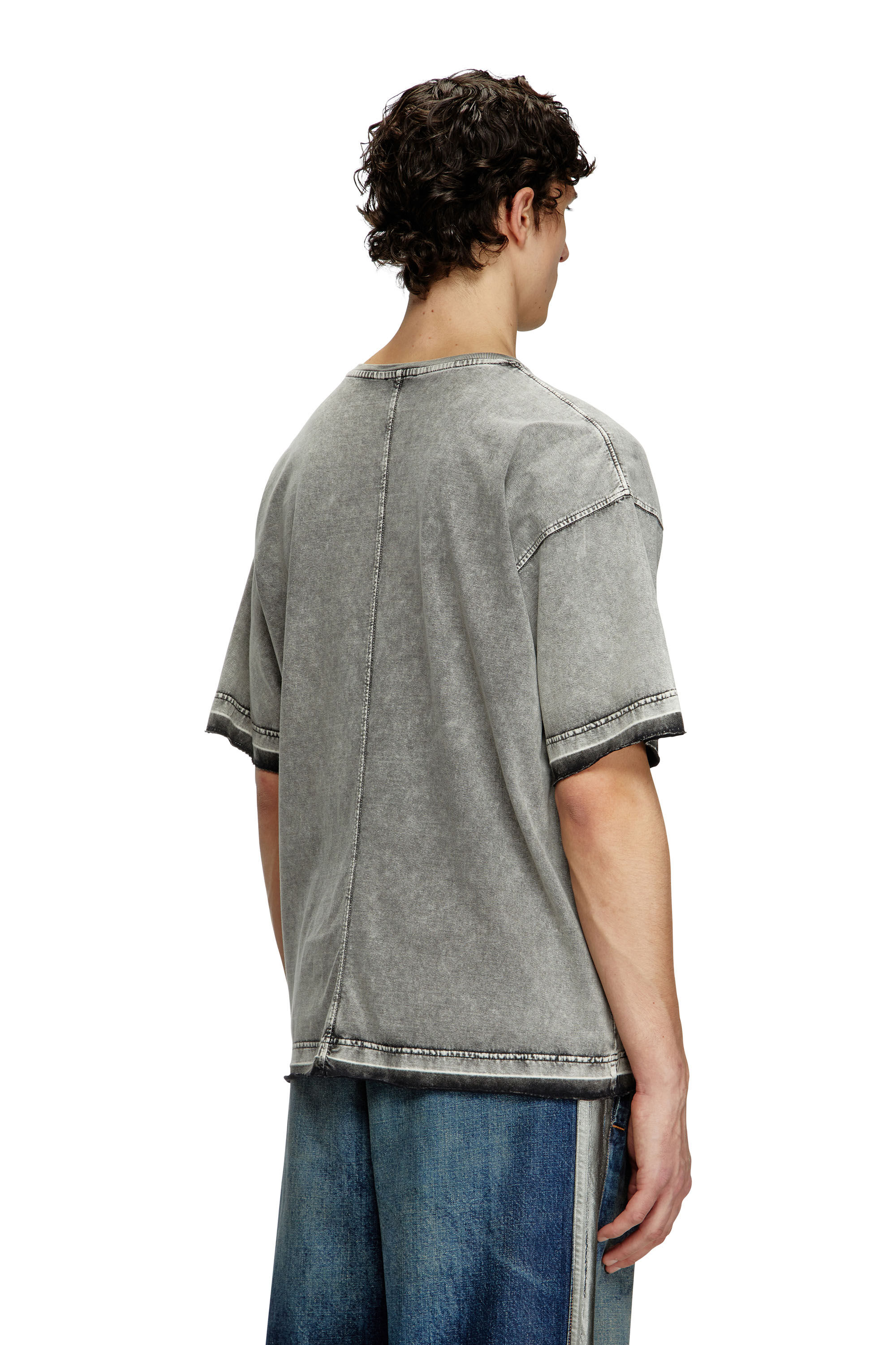 Diesel - T-HOXT, Male's Denim-look T-shirt with released hems in Light Grey - 4
