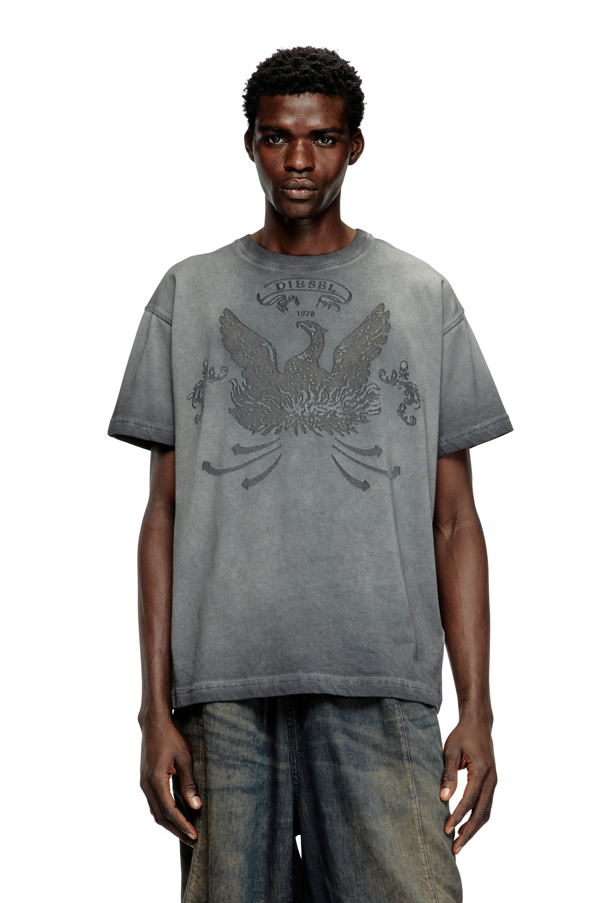 Diesel - T-NORM-T9, Male's T-shirt with phoenix devoré in Grey - 3