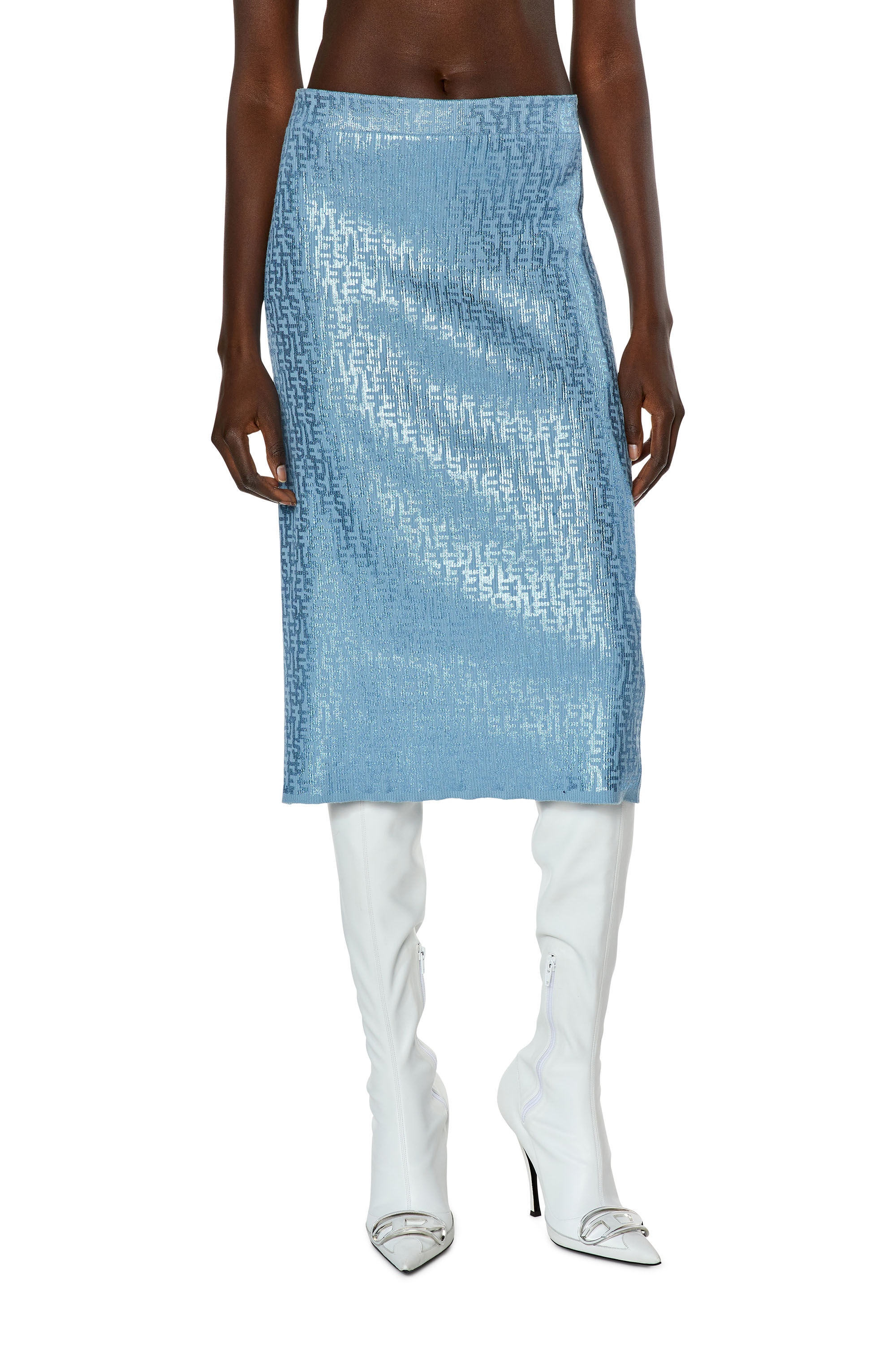 Diesel - FF-M-IKARIA, Female's Midi skirt with metallic monogram print in Light Blue - 3