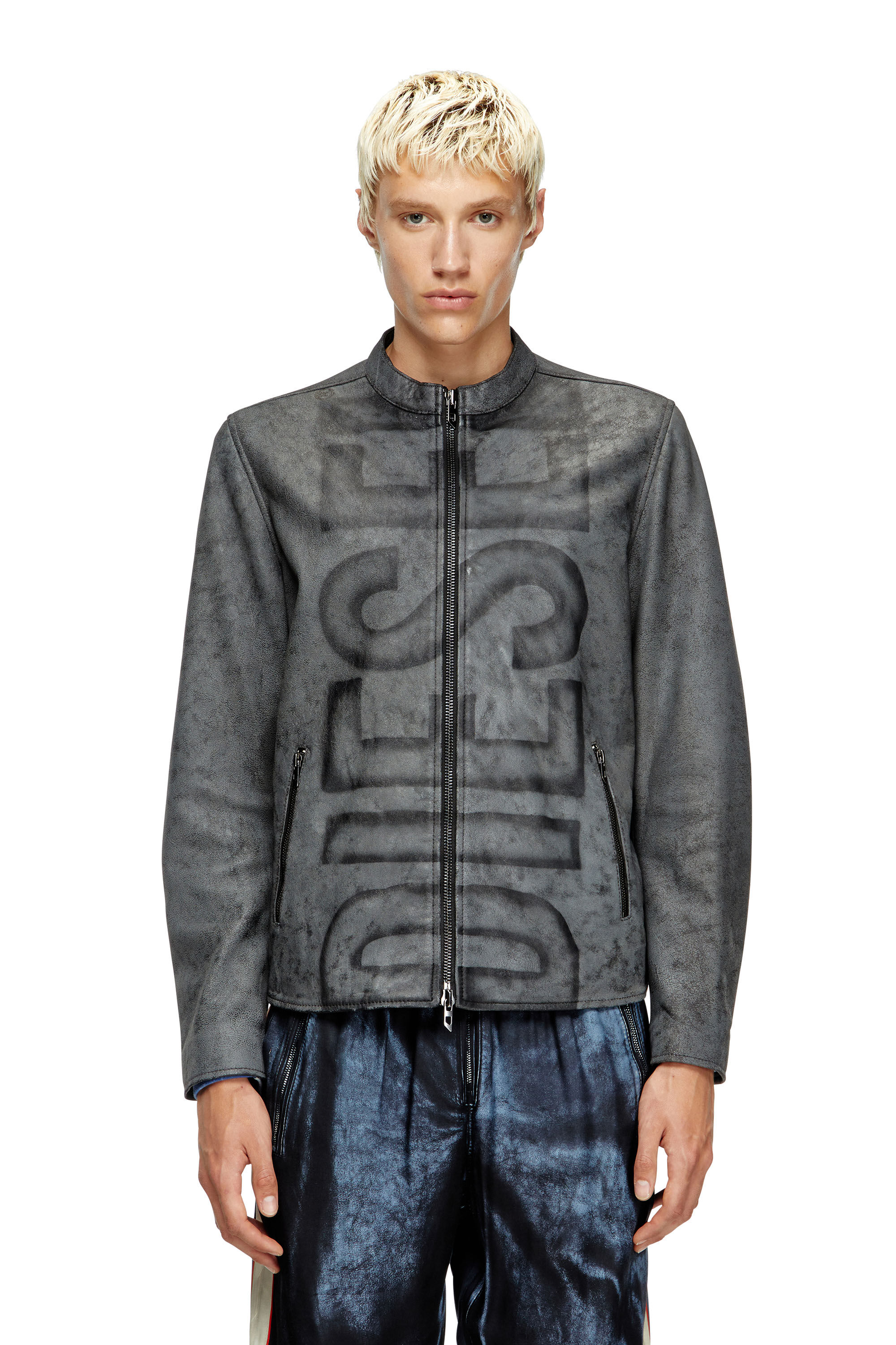 Diesel - L-EVERT-A, Veste de motard en cuir traité avec logo délavé Homme in Gris - 3
