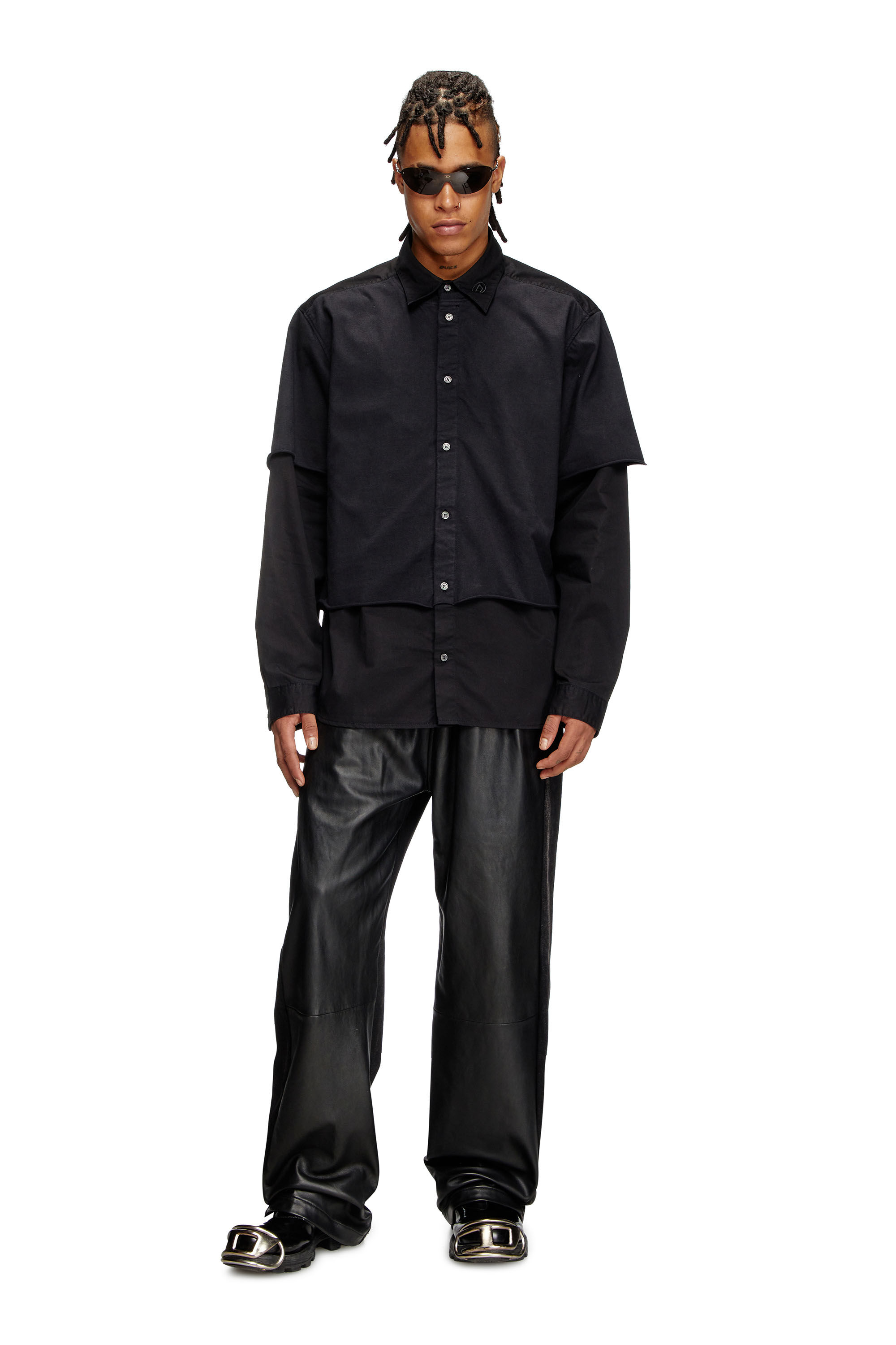 Diesel - S-GASTON-O, Chemise superposée en sergé et jersey Homme in Noir - 1