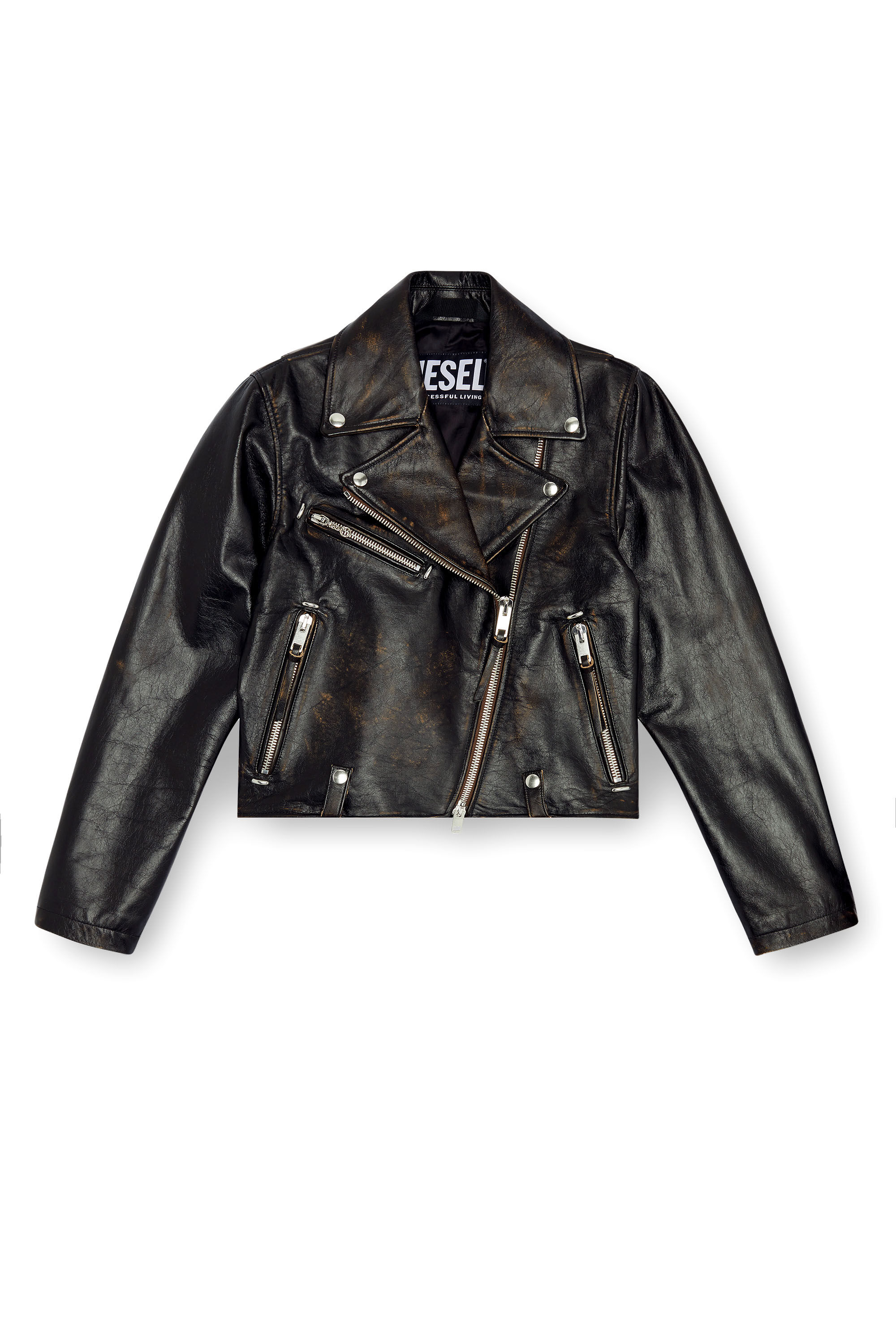 Diesel - L-EDMEA-CL, Veste de motard en cuir traité Femme in Noir - 2