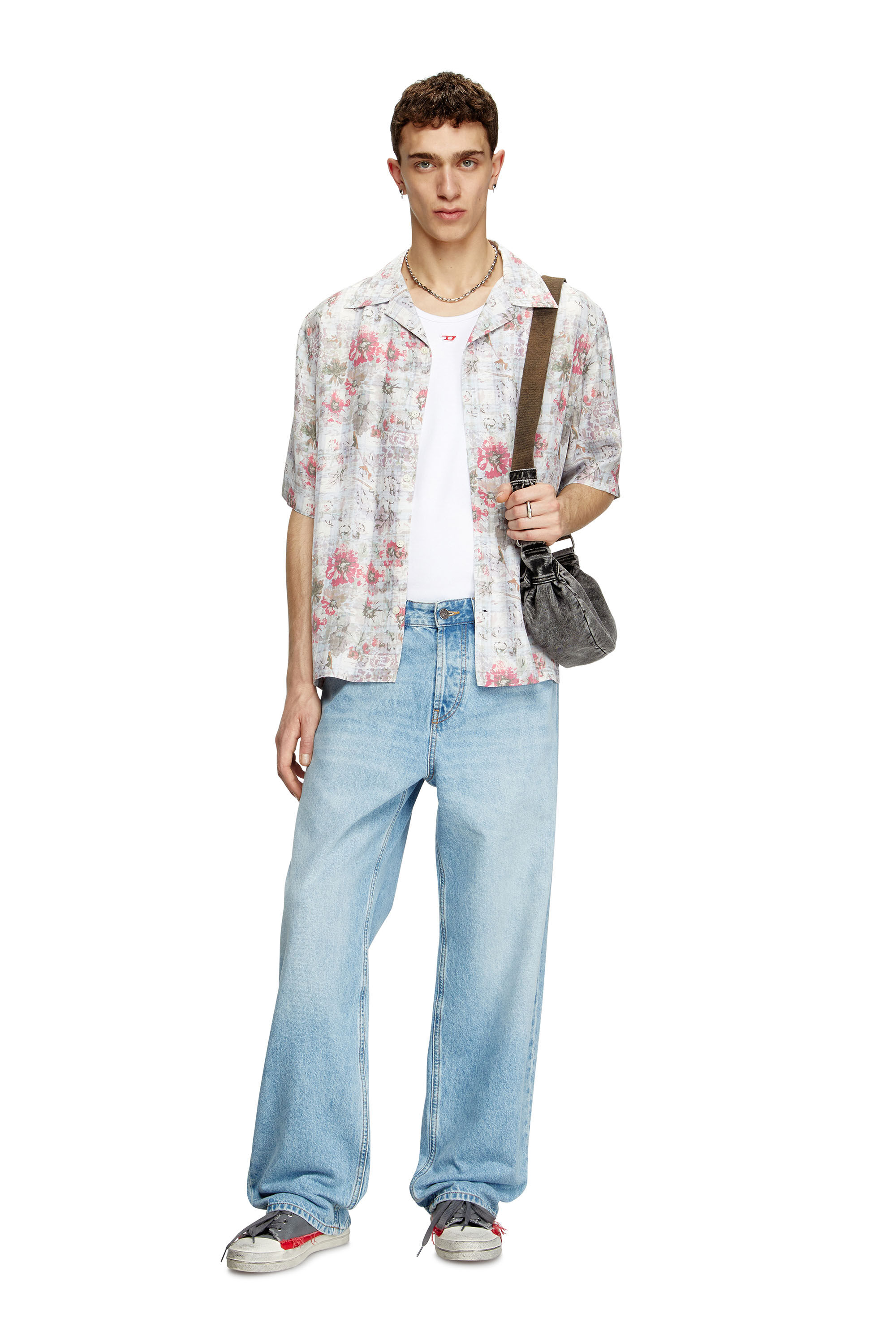 Diesel - S-LEYS, Male's Bowling shirt with floral print in Blue/Pink - 1