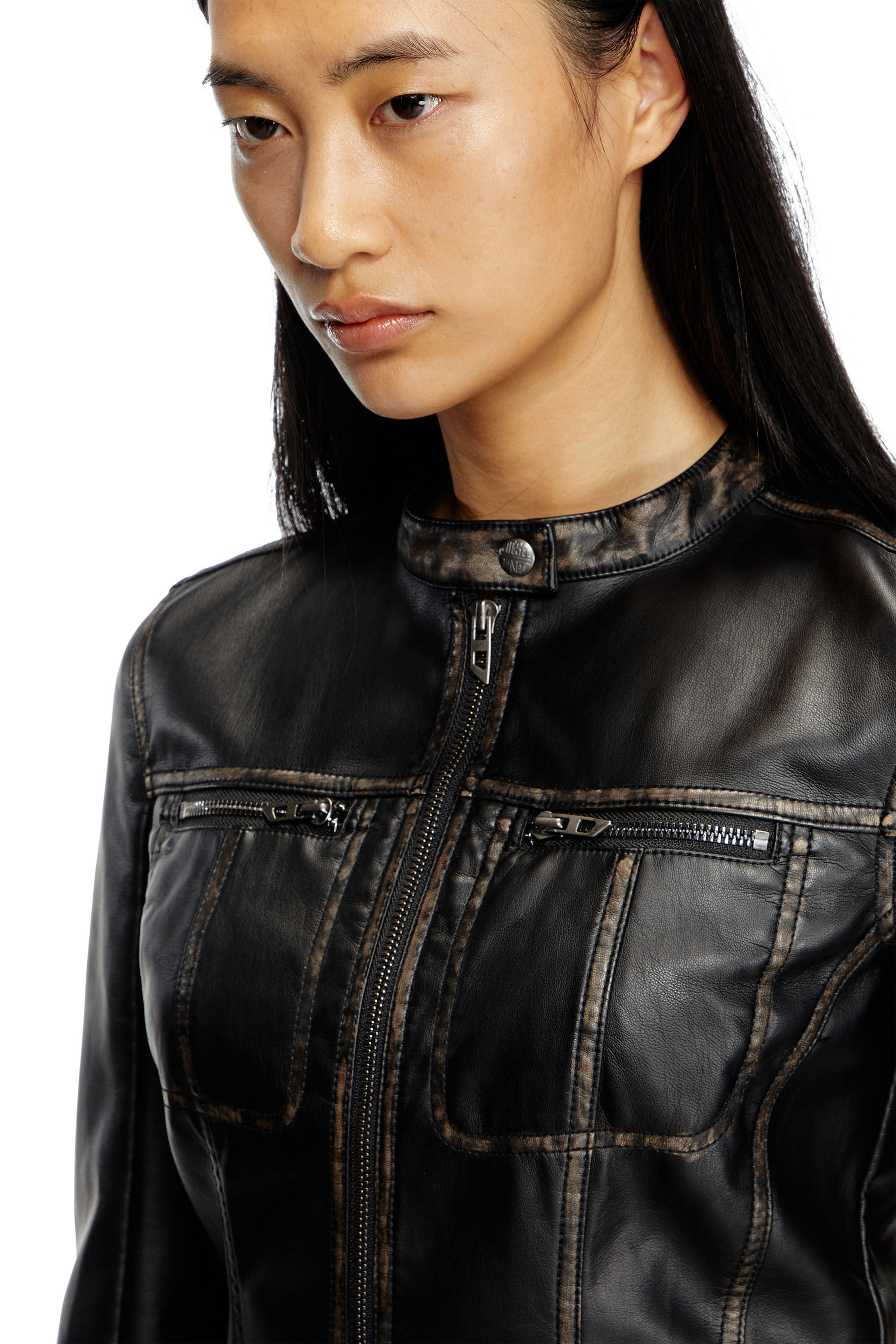 Diesel - G-LOBE, Veste biker crop effet vieilli Femme in Noir - 4