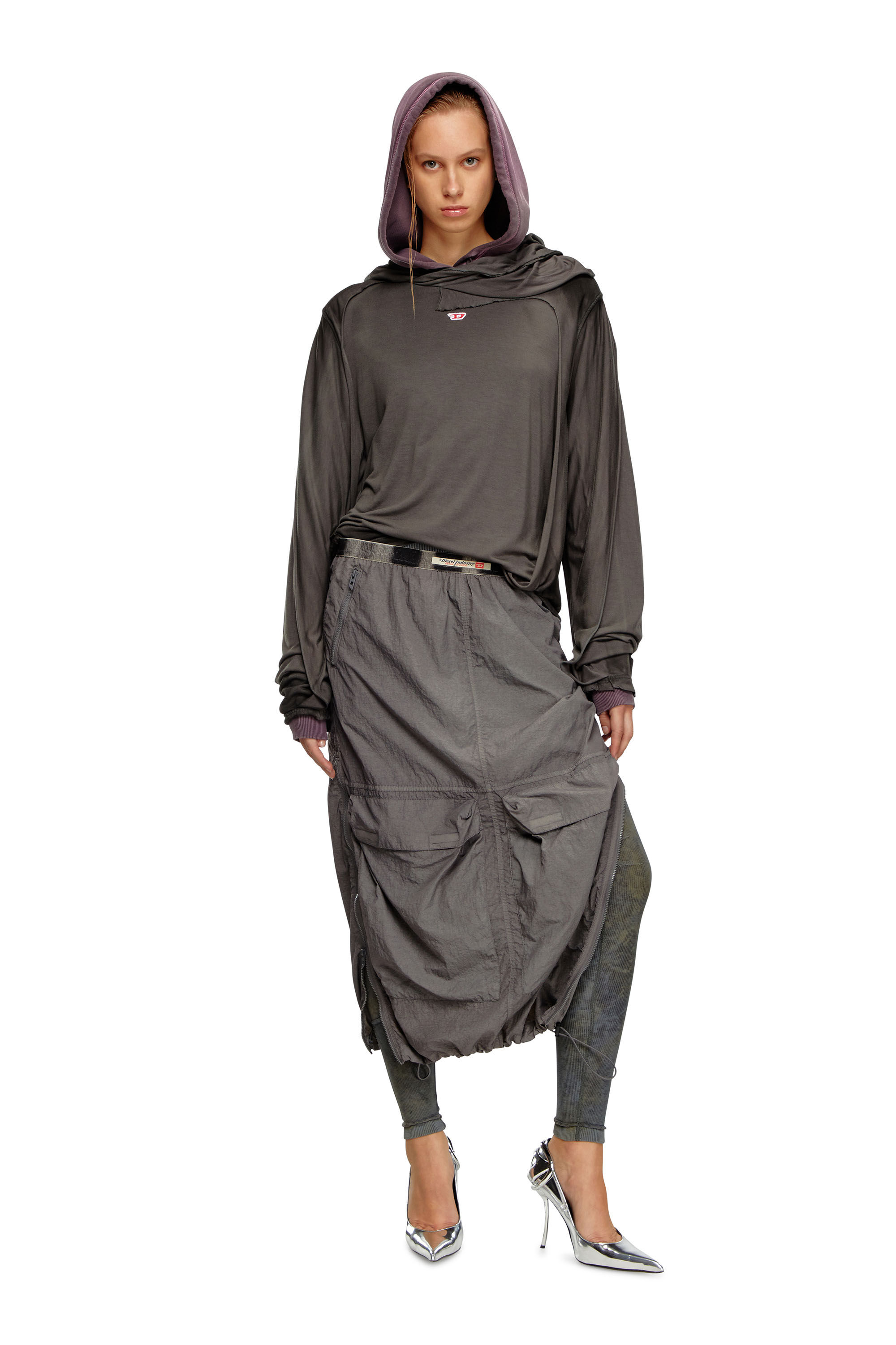 Diesel - O-ASIS, Jupe midi cargo en nylon recyclé Femme in Gris - 1