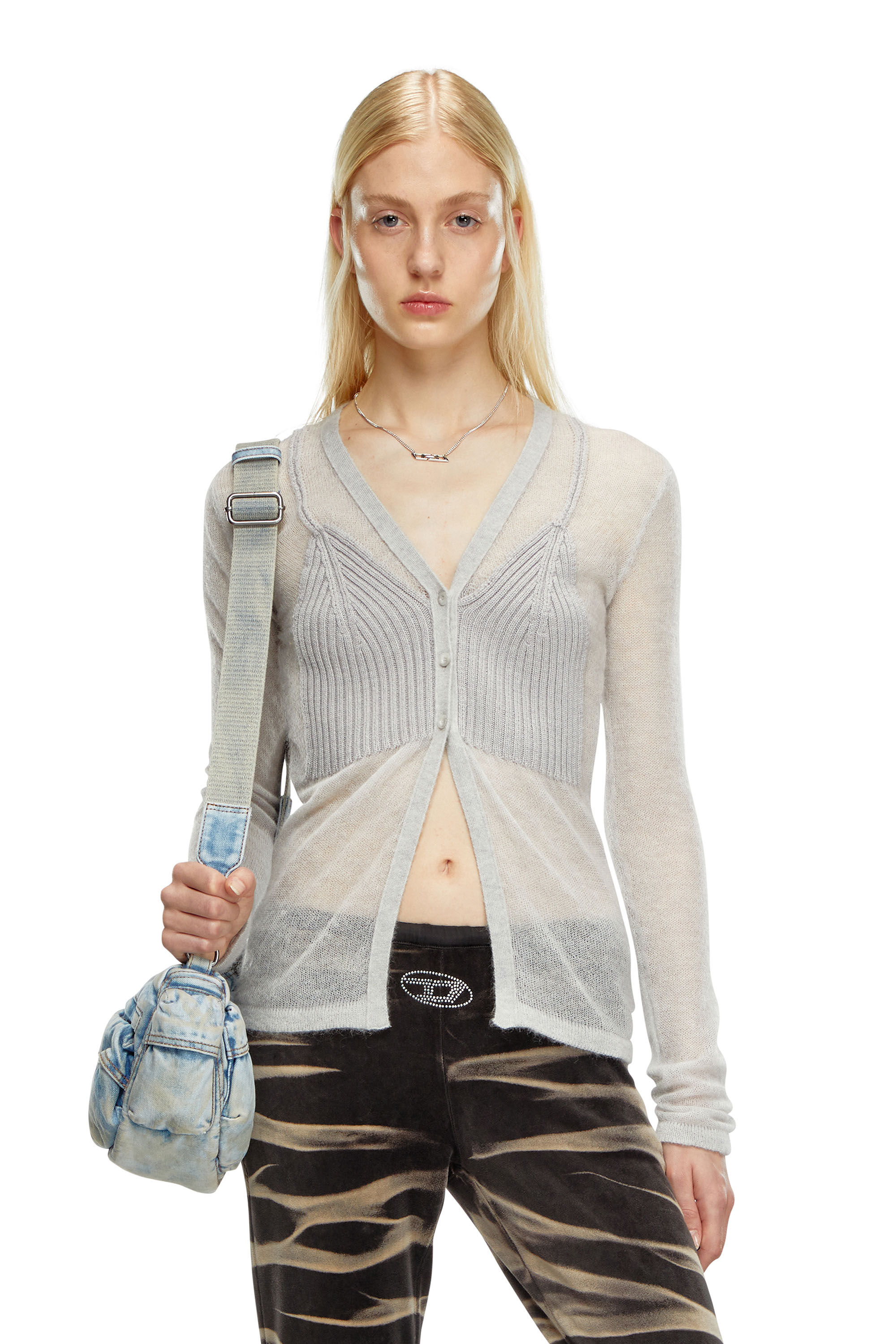 Diesel - M-ARINA, Female's Sheer cardigan with bra detail in Light Grey - 3