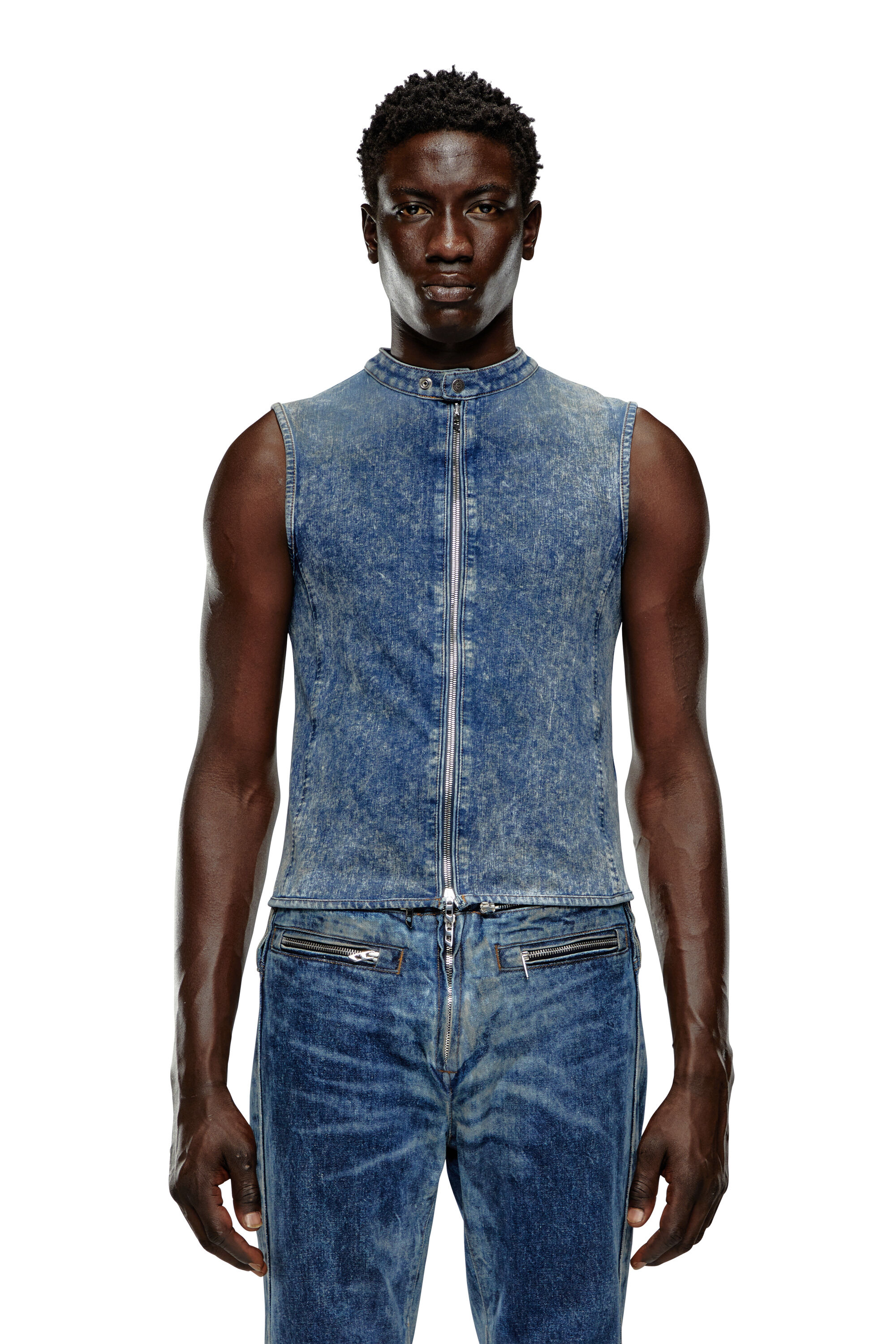 Men s Sleeveless denim top with biker details Blue Diesel