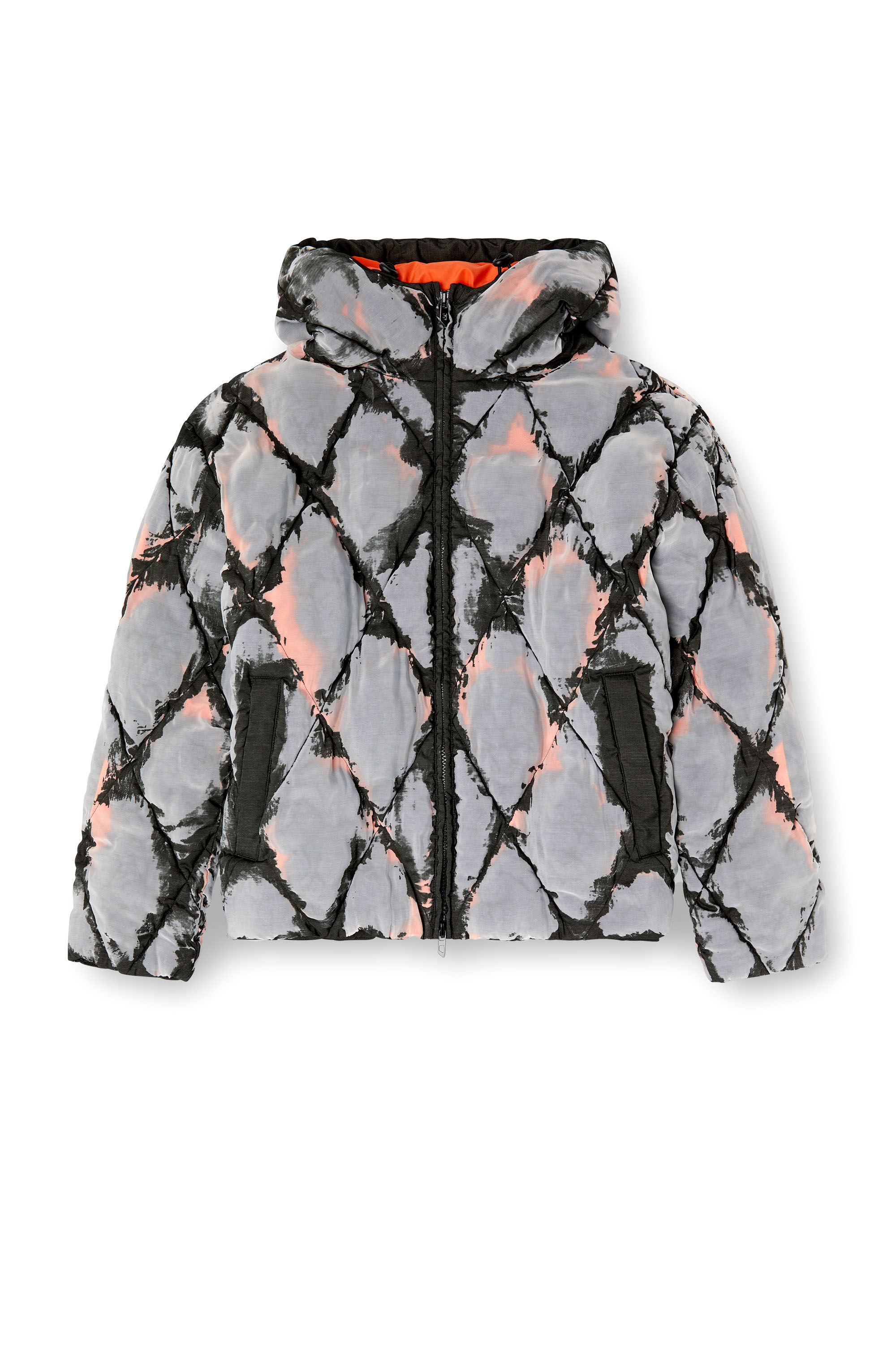 Diesel - W-DOM, Male's Hooded devoré argyle puffer jacket in Black/Red - 2