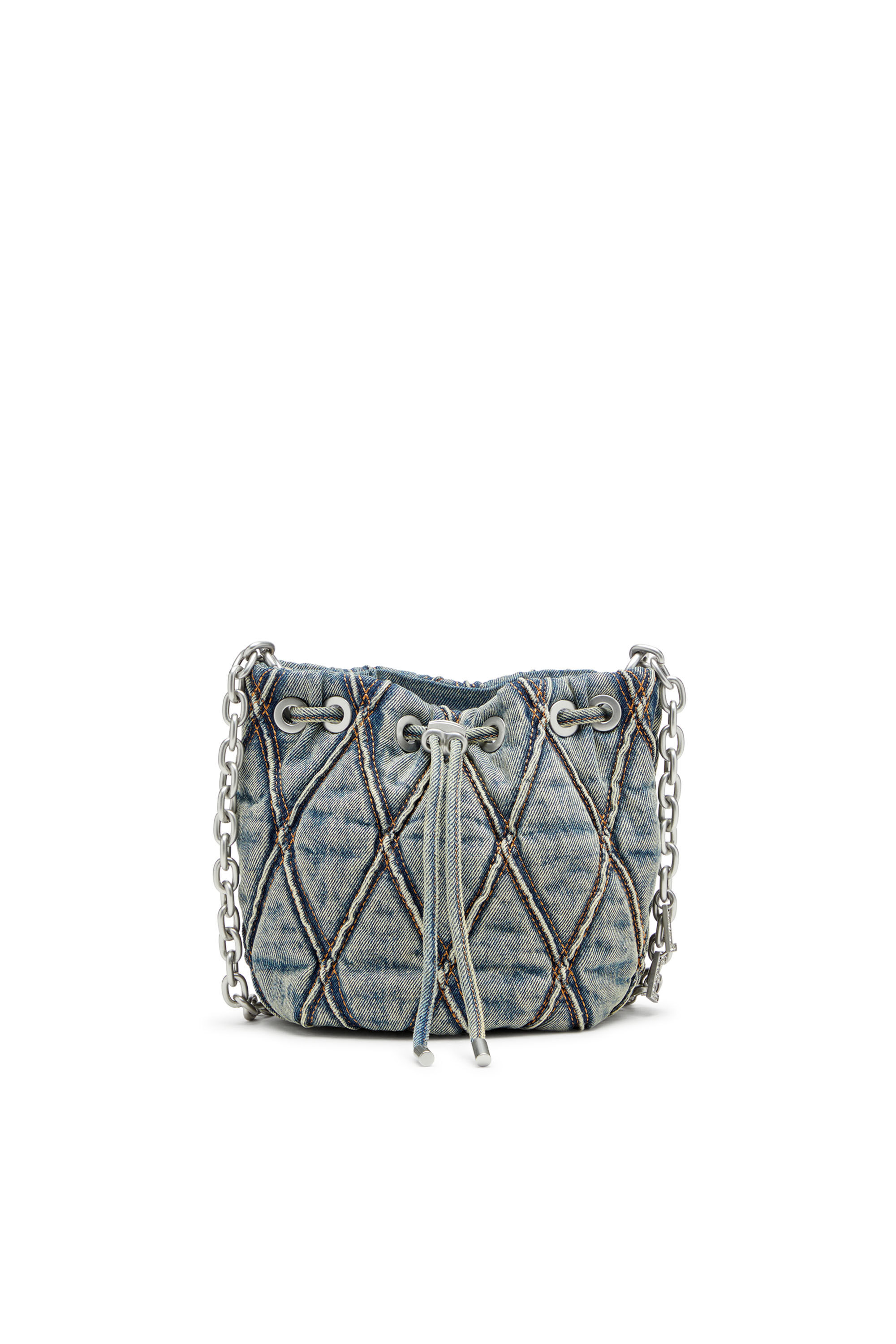 Diesel - CHARM-D BUCKET S, Charm-D S-Mini sac seau en denim matelassé à motif losange Femme in Bleu - 1