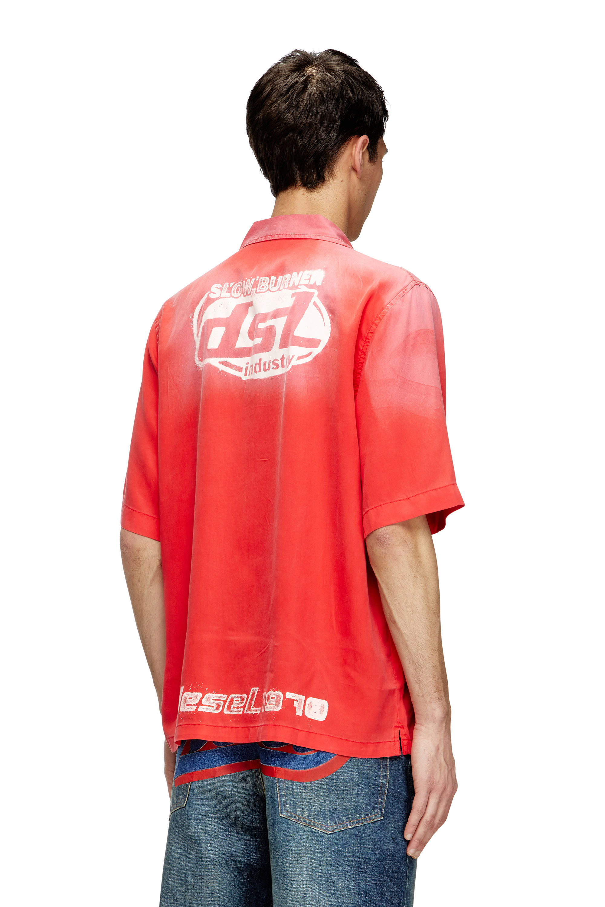 Diesel - S-ELLY, Chemise bowling délavée avec imprimés à logo Homme in Rouge - 4