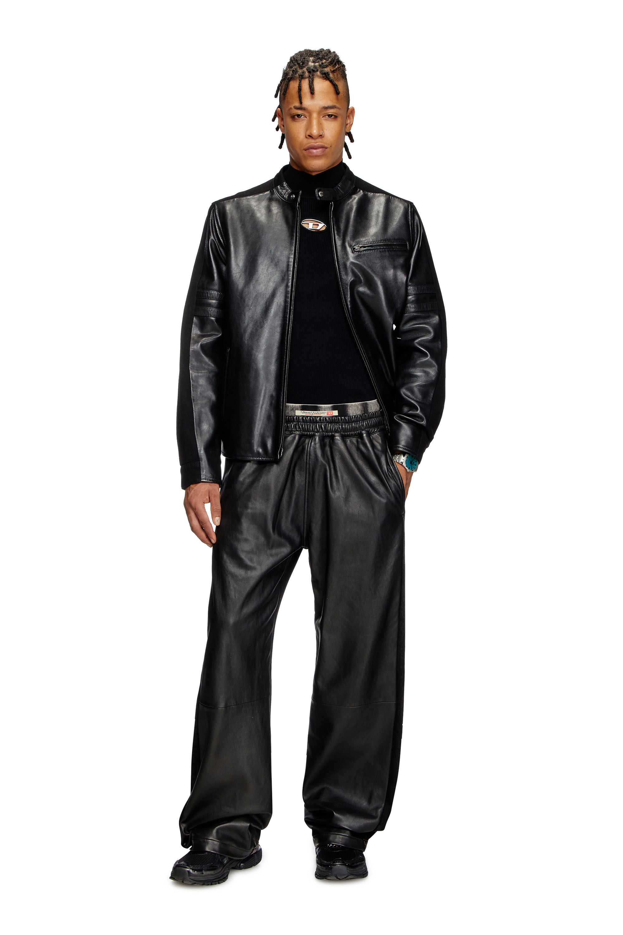 Diesel - L-SIMZ, Veste hybride en denim et cuir Homme in Noir - 1