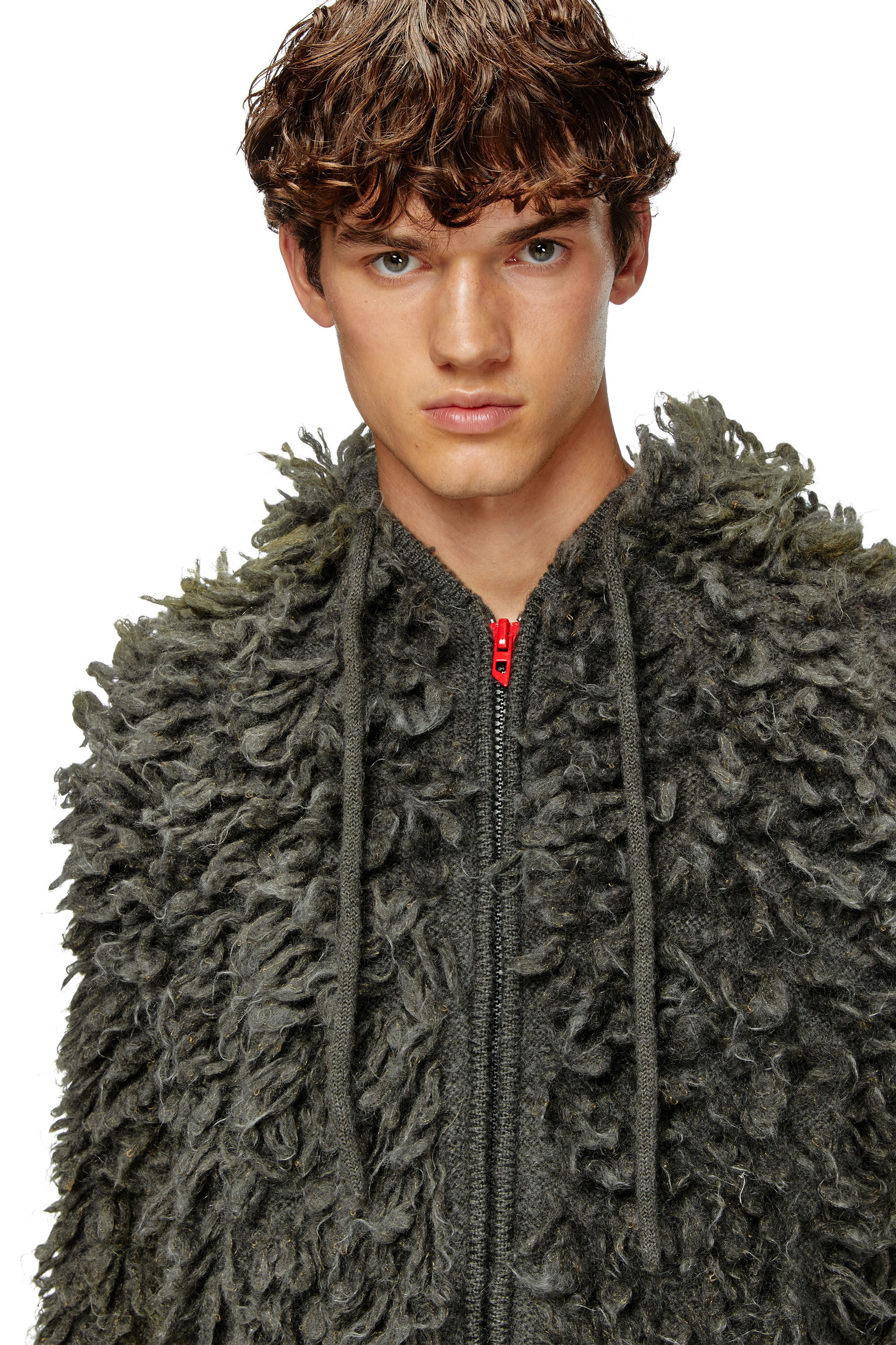 Diesel - K-WHITMAN, Male's Hooded cardigan in shaggy knit in Dark Grey - 5